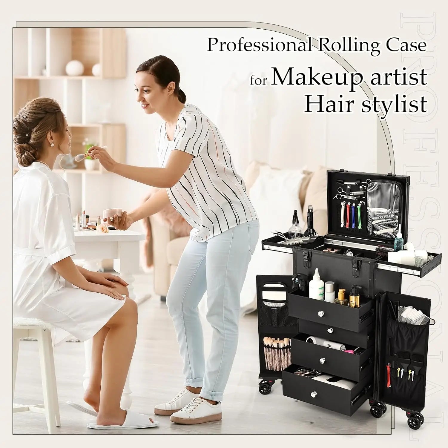 Professionele Make-up Koffer 4 Lades – Reiskoffer voor Cosmetica en Haarstyling – Trolley met Organizers en Waterdichte Behuizing