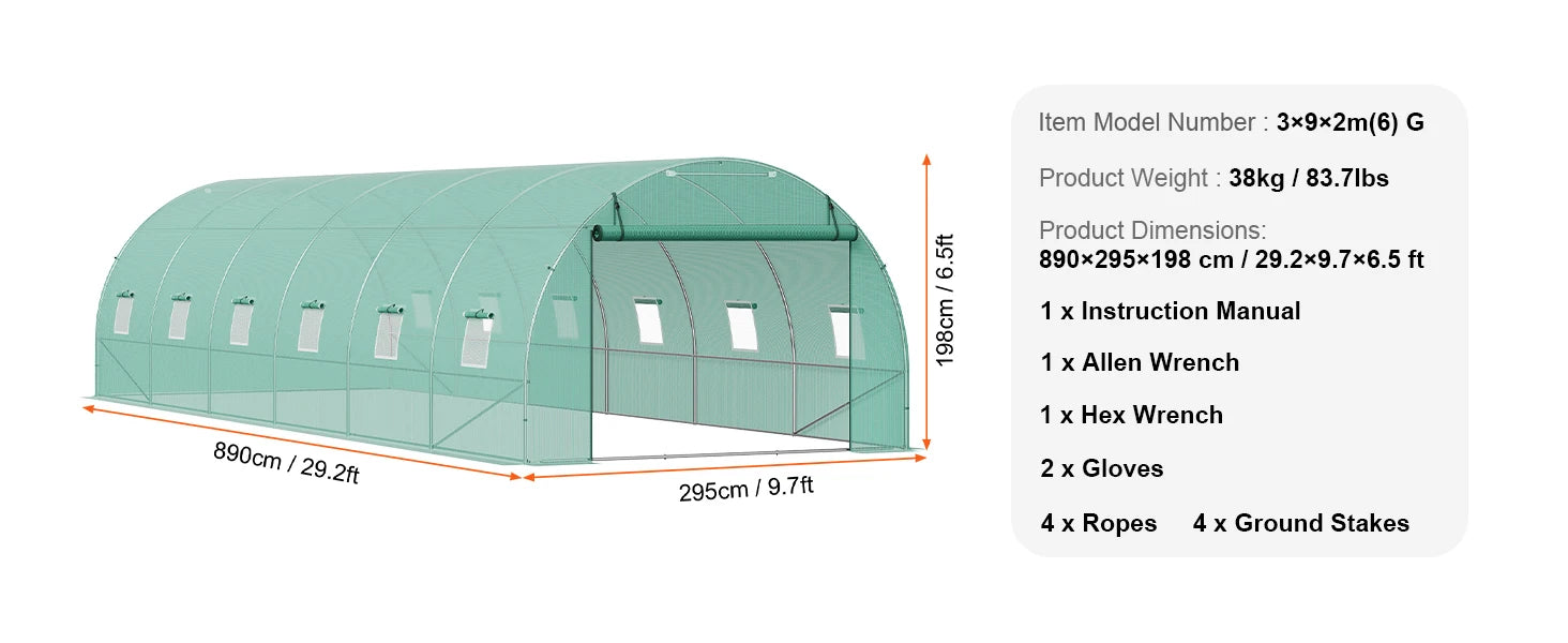Wandelbare Tunnelkas met Stalen Frame 345×195×192 cm – Grote Inloop Tuinkas met PE Afdekking, Ritsdeur en Ventilatieramen