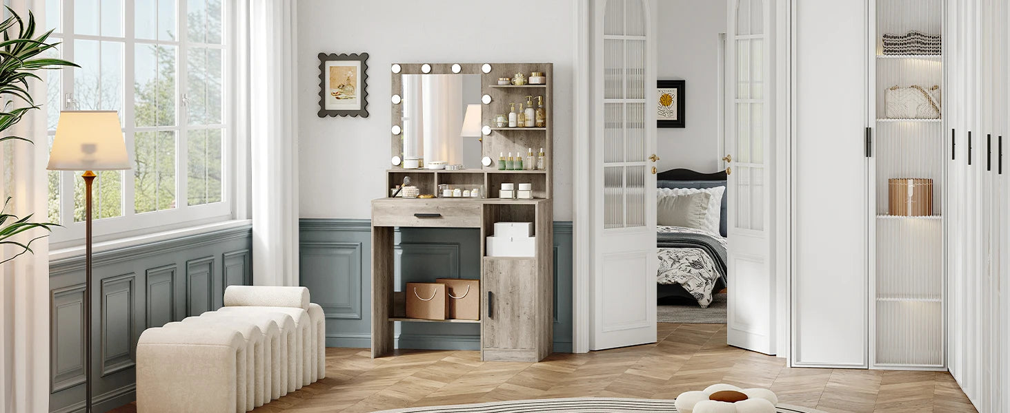 Make-up Tafel met Spiegel en LED Verlichting – Dressing Table met Lade, Planken en Opbergruimte – Modern Minimalistisch