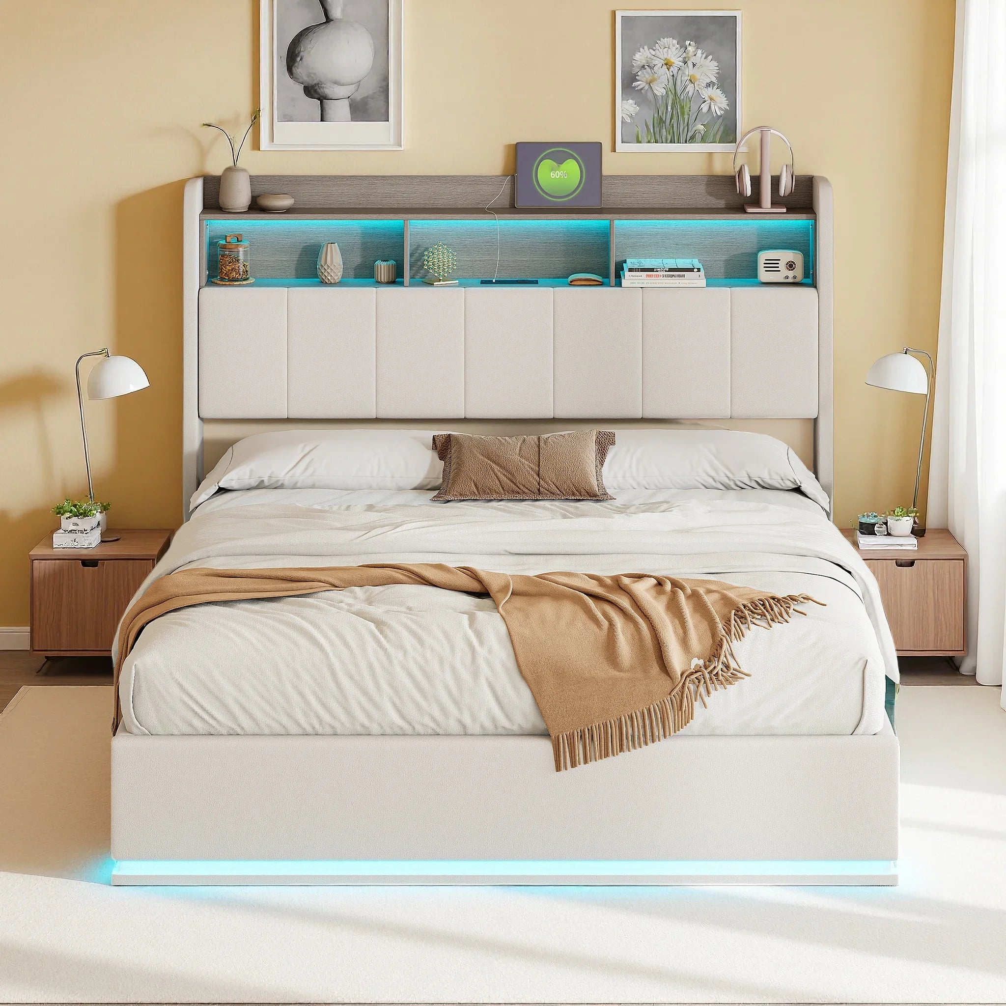 Gestoffeerd bed 140x200 cm met LED verlichting en opbergruimte