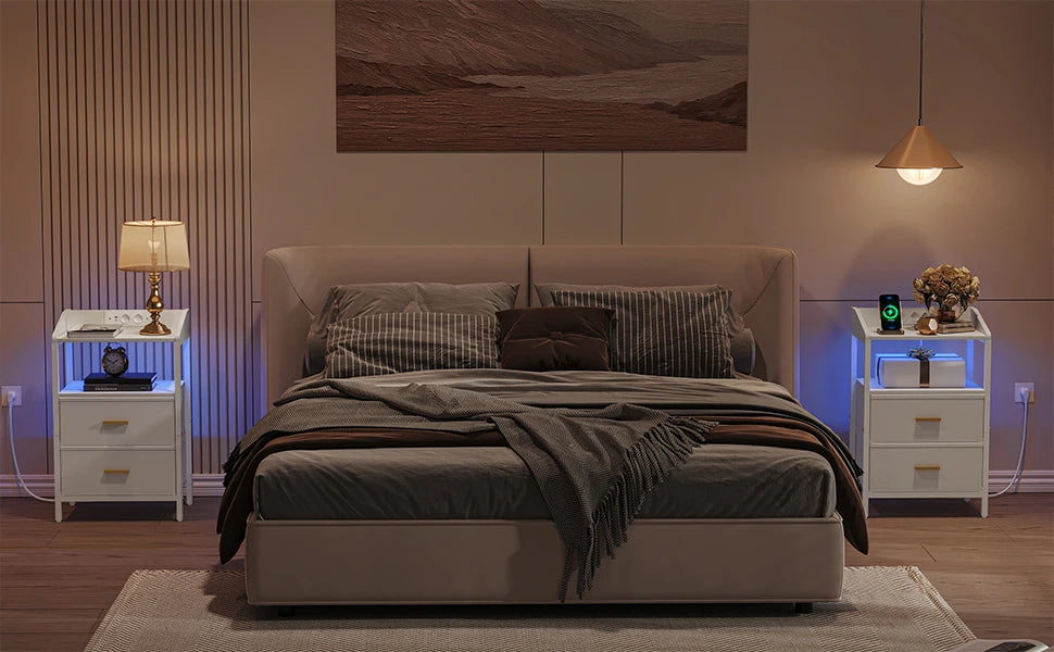 LED Nachtkastje met Oplaadstation en USB-C – Modern Bijzettafel met 2 Lades en Planken – Zwart/Wit