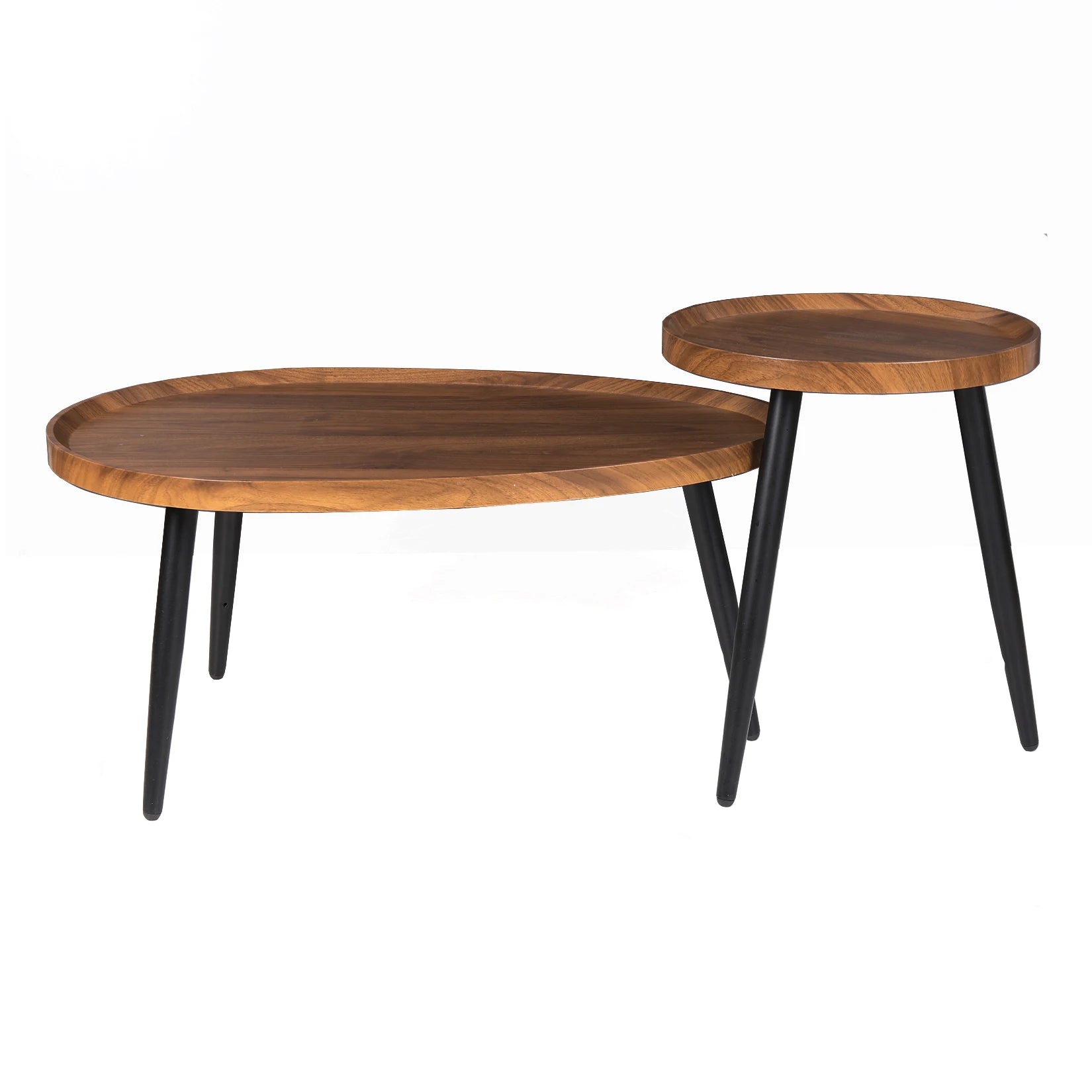 Moderne Set van 2 Ronde Salontafels – Nesting Bijzettafels met Houtlook Blad en Zwarte Metalen Poten – Industriële Salontafel Set