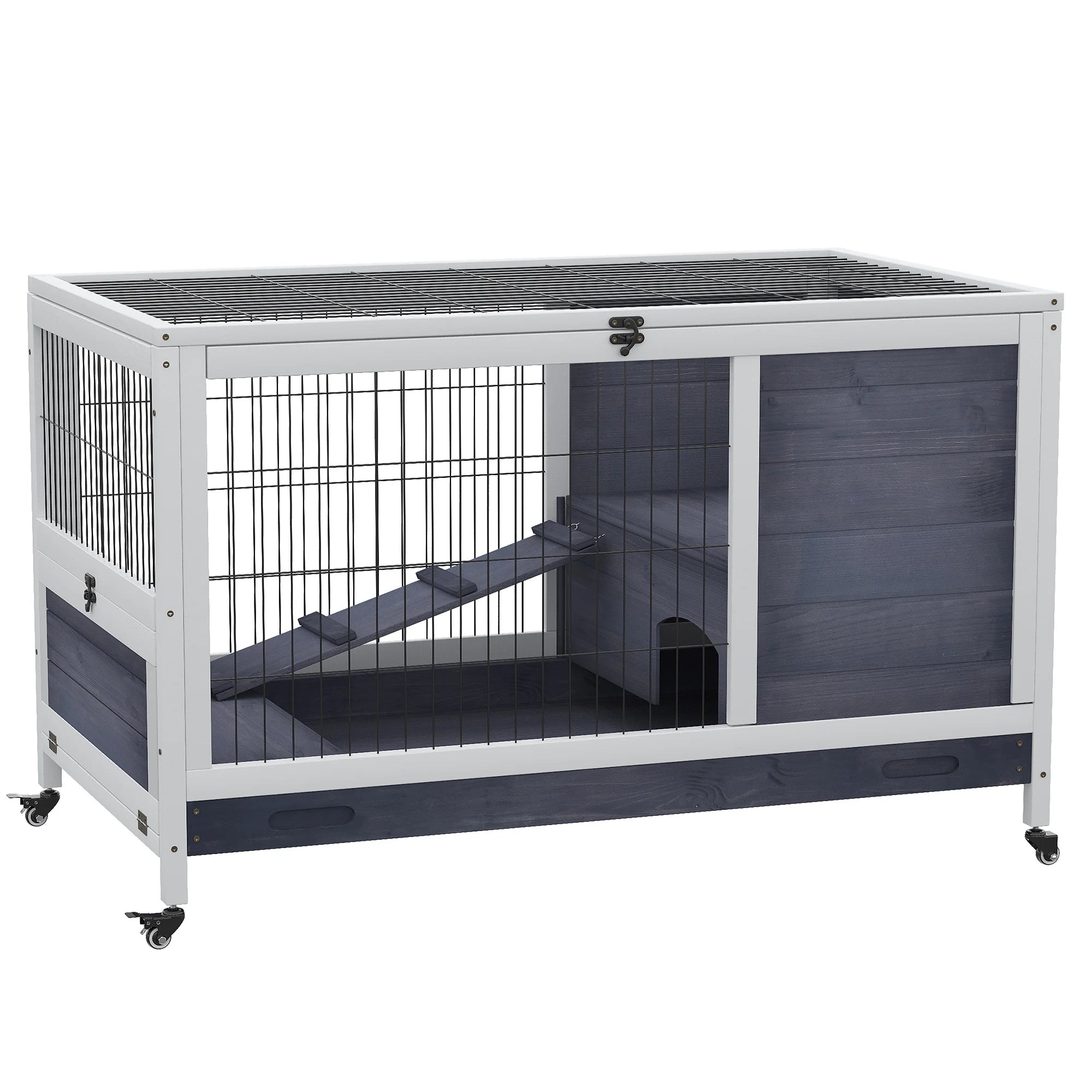 Konijnenkooi met Open Dak en Lade 90×53×59 cm – Houten Konijnenhok met Wielen voor Konijnen en Cavia’s
