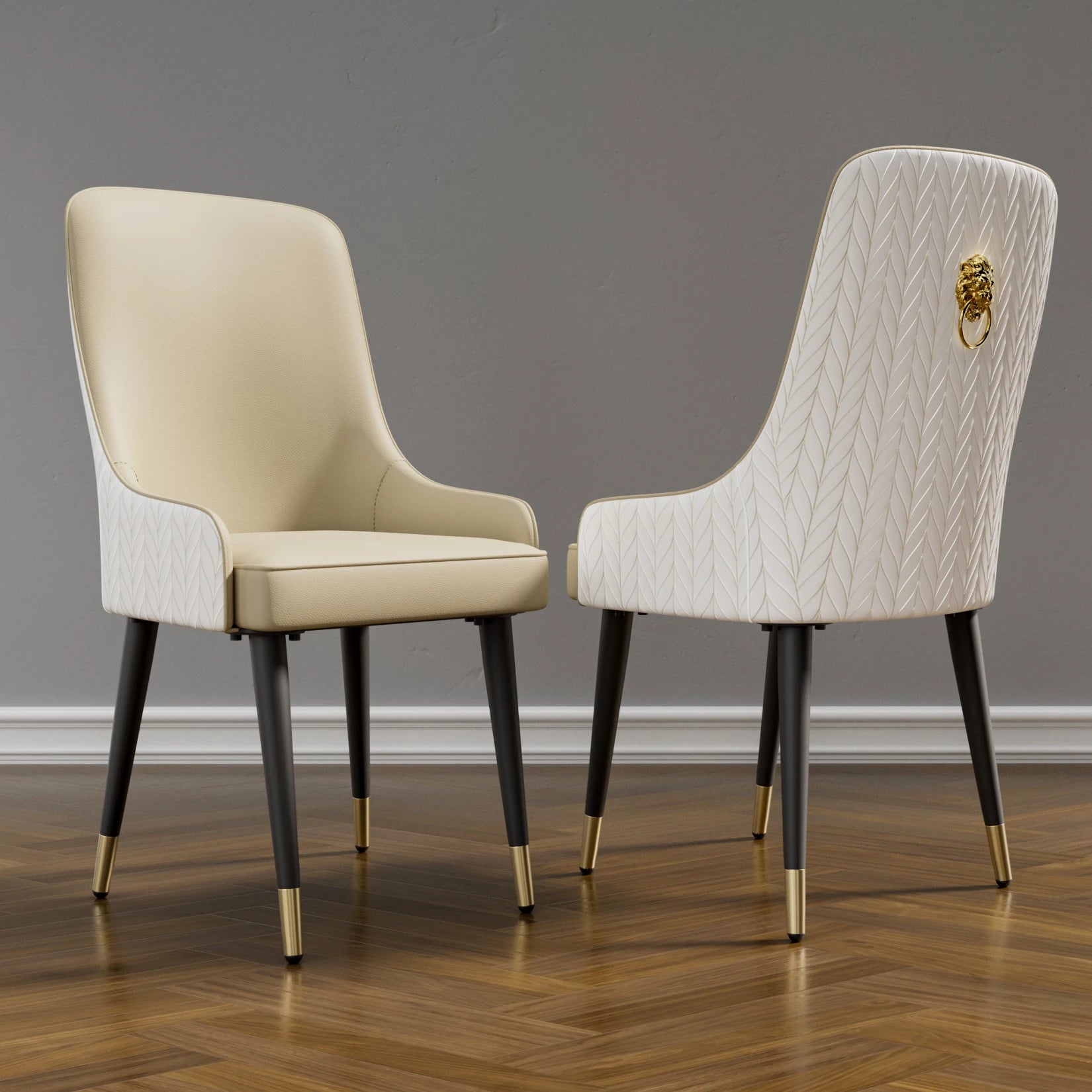 Moderne Eetkamerstoelen Set van 2 – PU Leer met Leeuwenkop Trekring en Metalen Poten