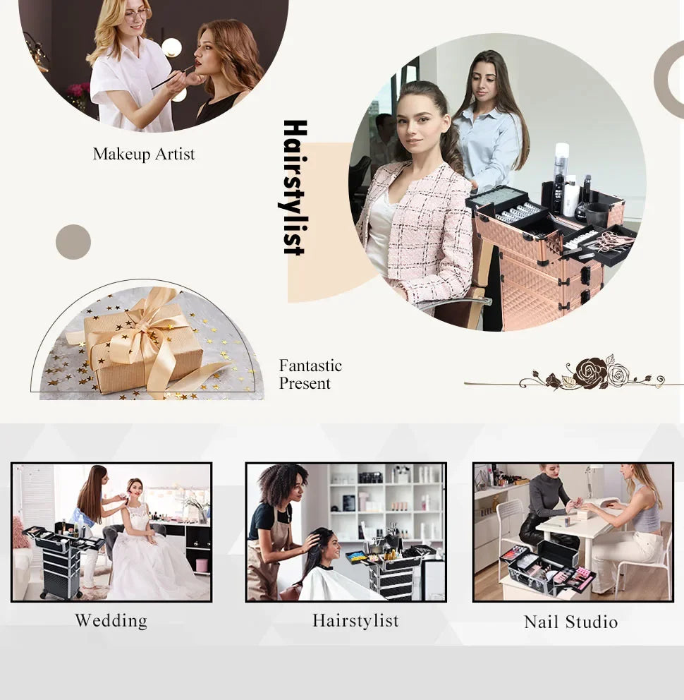 Professionele Make-up Trolley Koffer 4-in-1 – Aluminium Opbergkoffer met Wieltjes en Afneembare Compartimenten – Voor Cosmetica, Nageltools en Reis