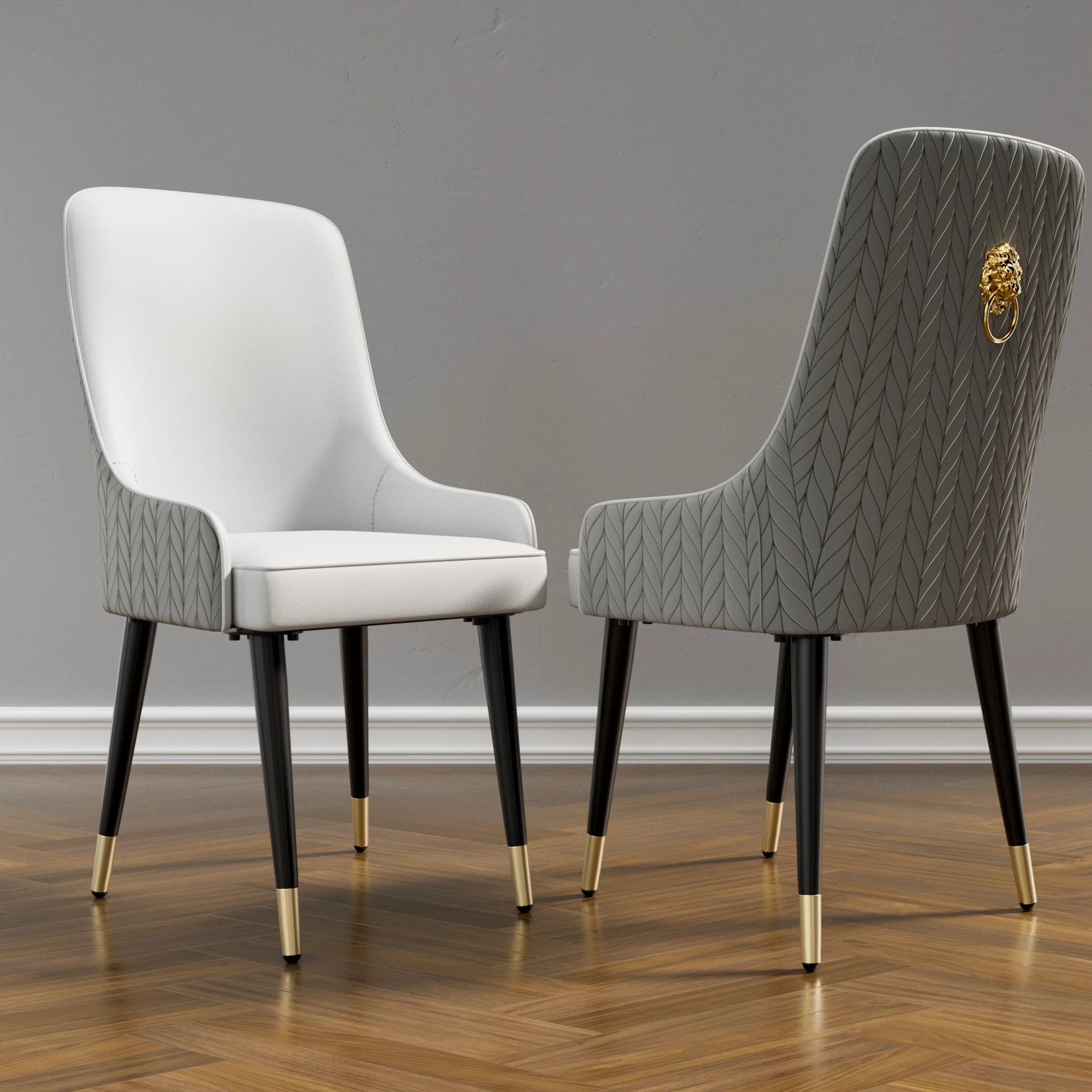 Moderne Eetkamerstoelen Set van 2 – PU Leer met Leeuwenkop Trekring en Metalen Poten