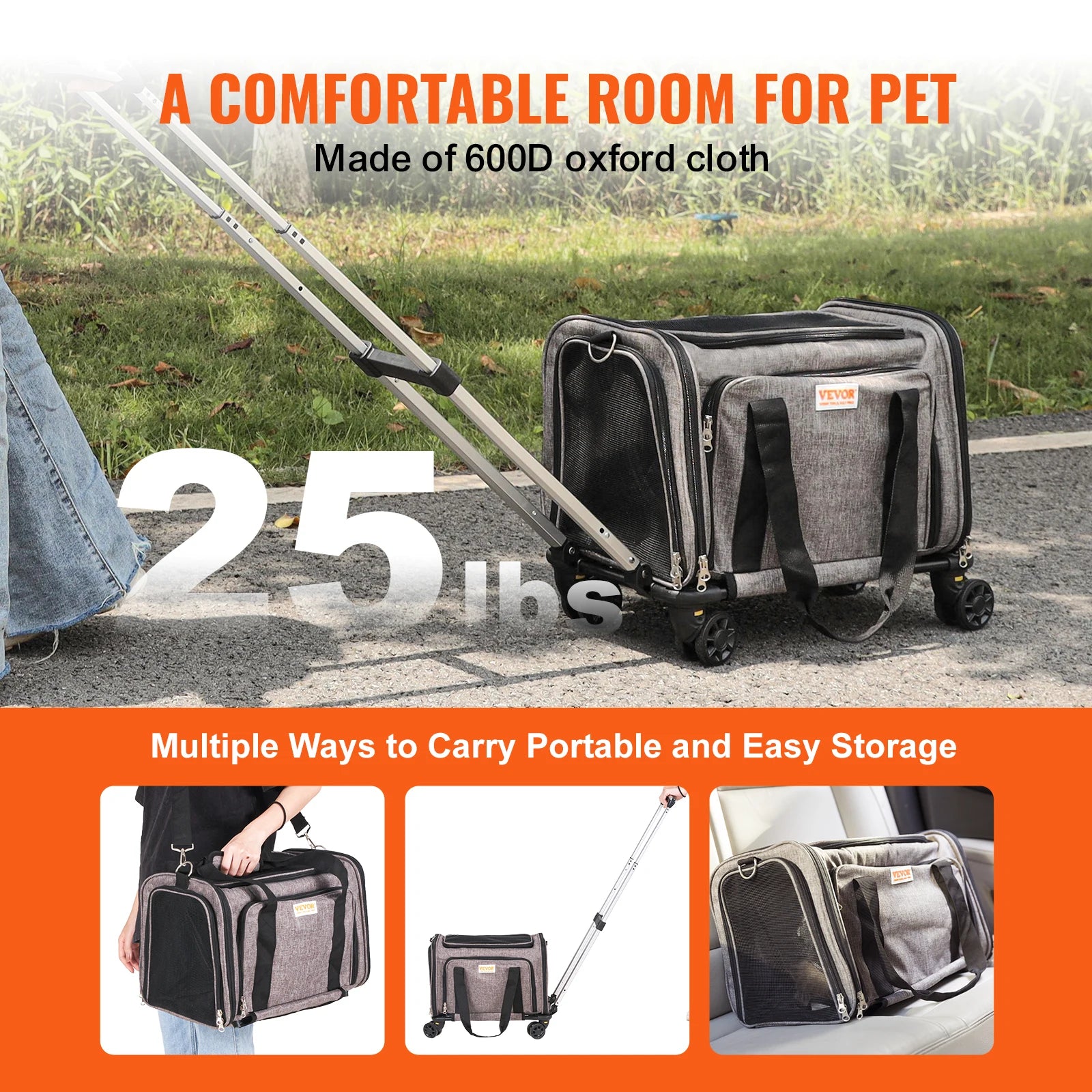 Opvouwbare Reismand voor Kat & Hond met Wieltjes – Comfortabele Trolley Draagtas tot 15,8 kg