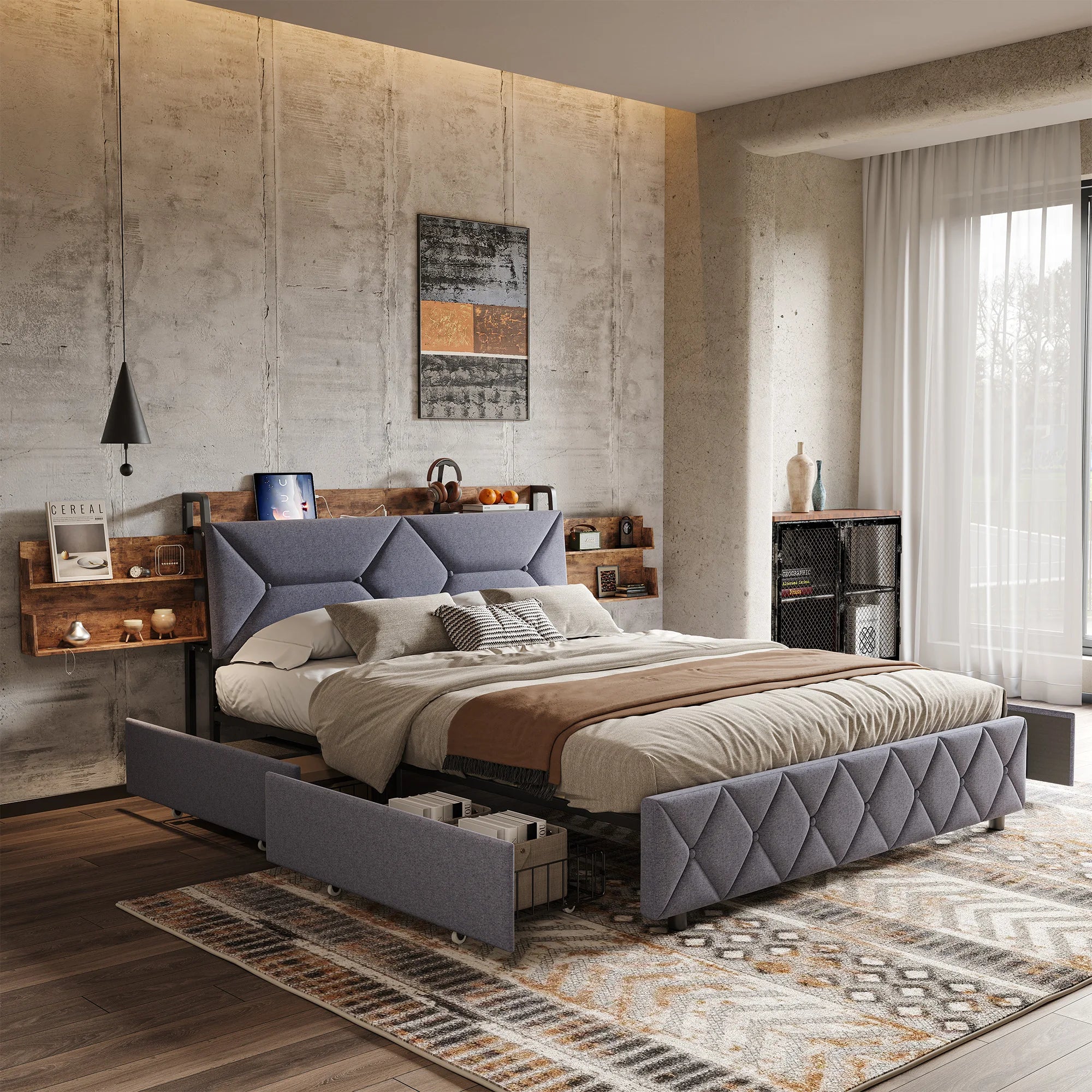 Gestoffeerd tweepersoonsbed met LED‑verlichting, USB‑oplaadfunctie en 4 lades – ideaal voor moderne slaapkamers