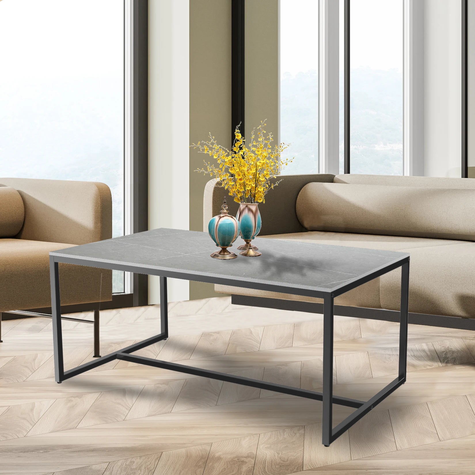 Moderne Salontafel Marmer Look met Metalen Frame – Luxe Rechthoekige Koffietafel met Opbergruimte – Industrieel & Modern Design