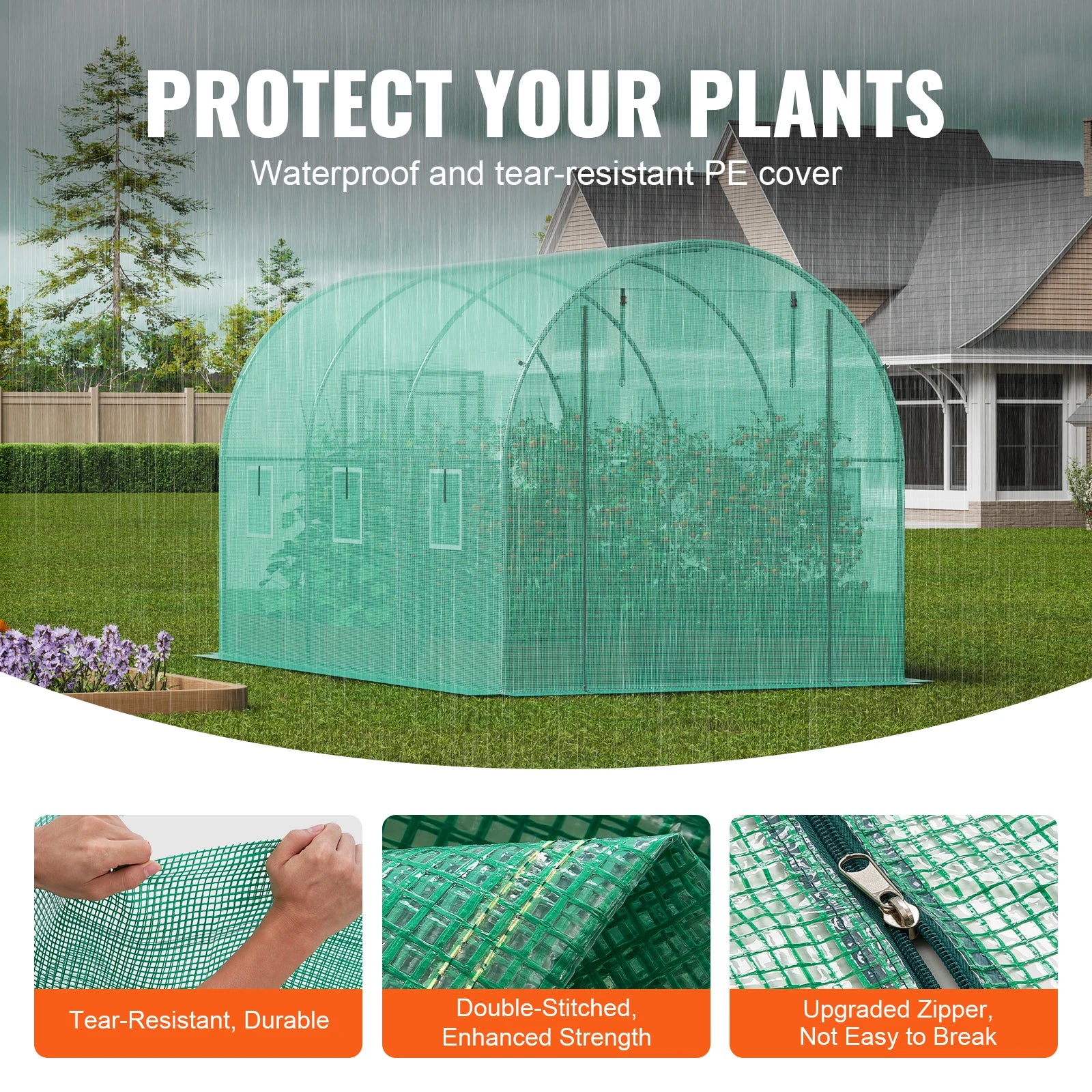 Wandelbare Tunnelkas met Stalen Frame 345×195×192 cm – Grote Inloop Tuinkas met PE Afdekking, Ritsdeur en Ventilatieramen