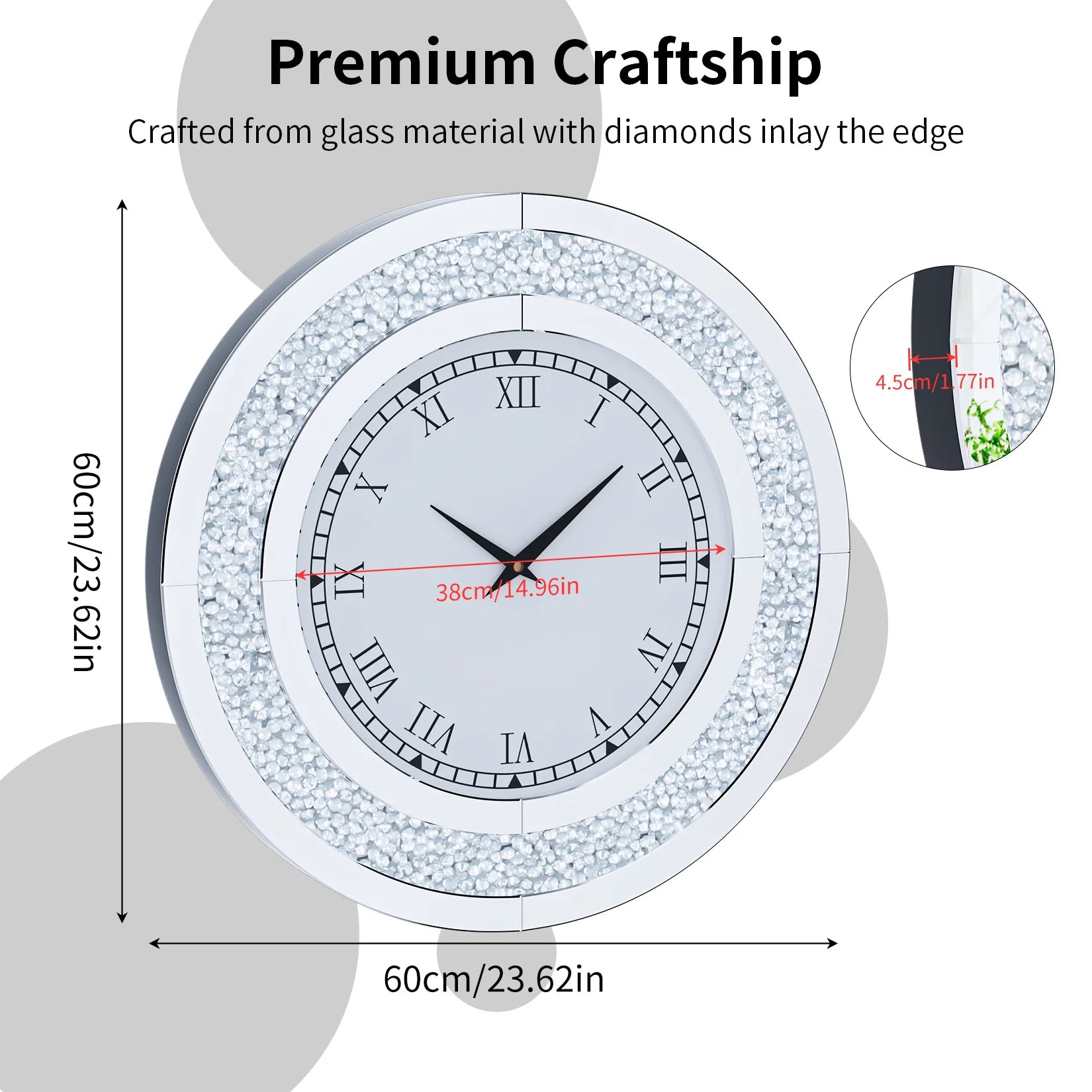 Ronde Zilveren Spiegelklok 60 cm – Luxe Wandklok met Romeinse Cijfers & Crushed Diamant Design