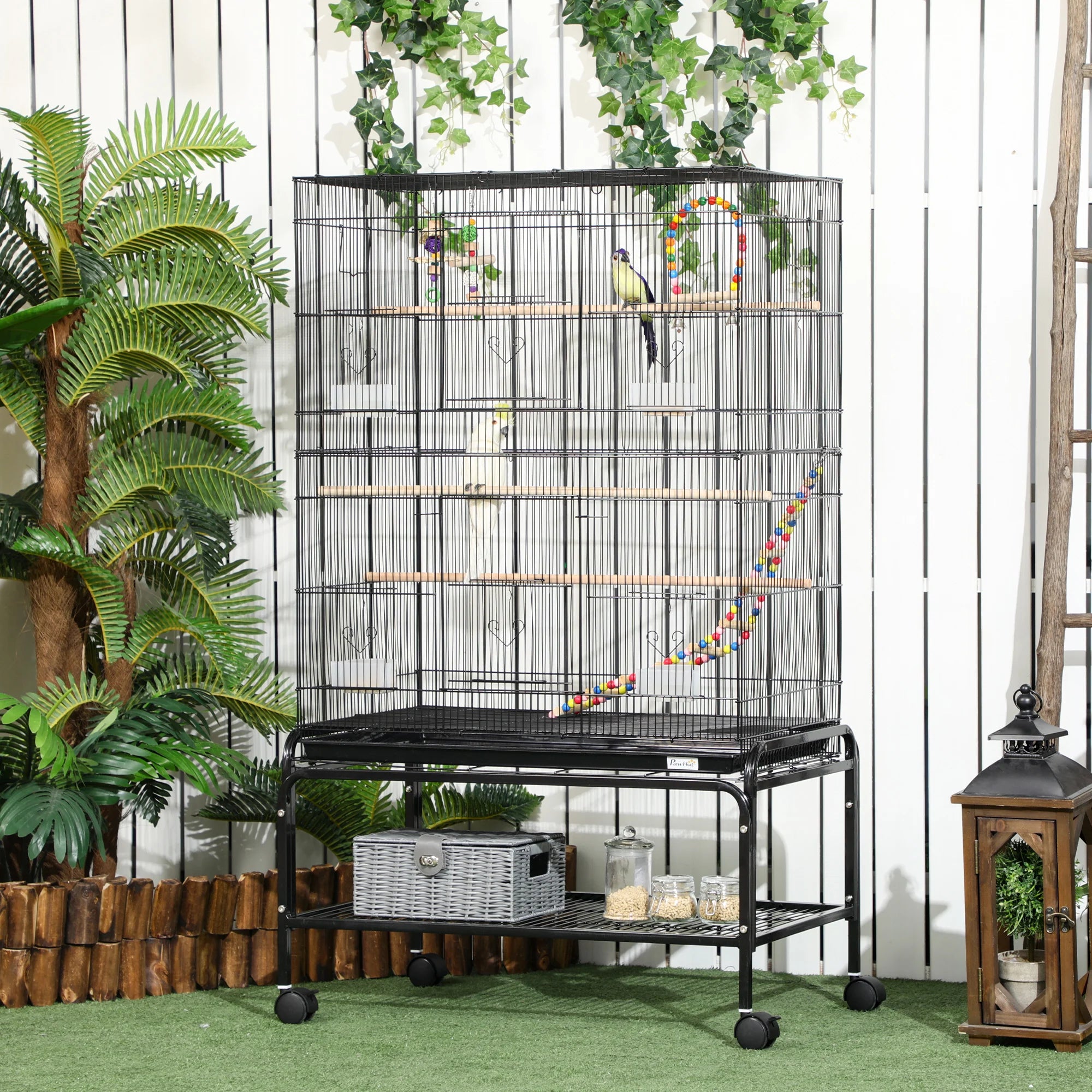 Grote Metalen Vogelkooi met Standaard en Wieltjes – Ruime Vogelkooi voor Parkieten en Kleine Vogels 133 cm
