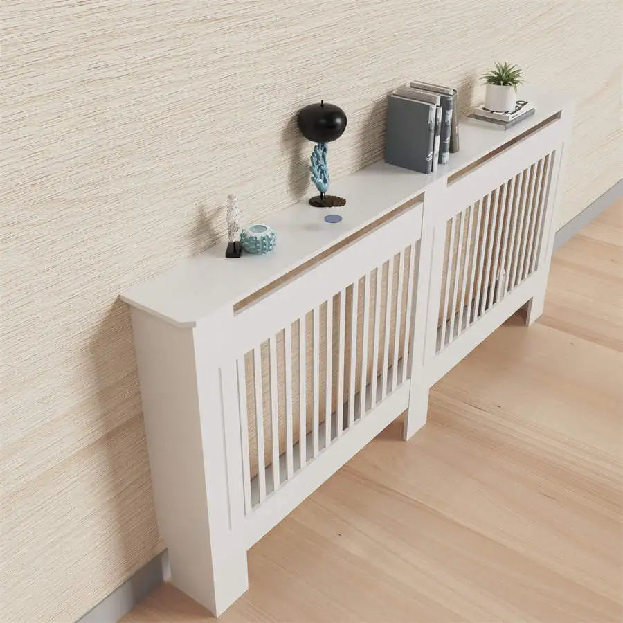 Moderne Radiator Cover Hoog – MDF Radiator Ombouw met Verticale Lamellen | Witte Radiator Kast met Plank