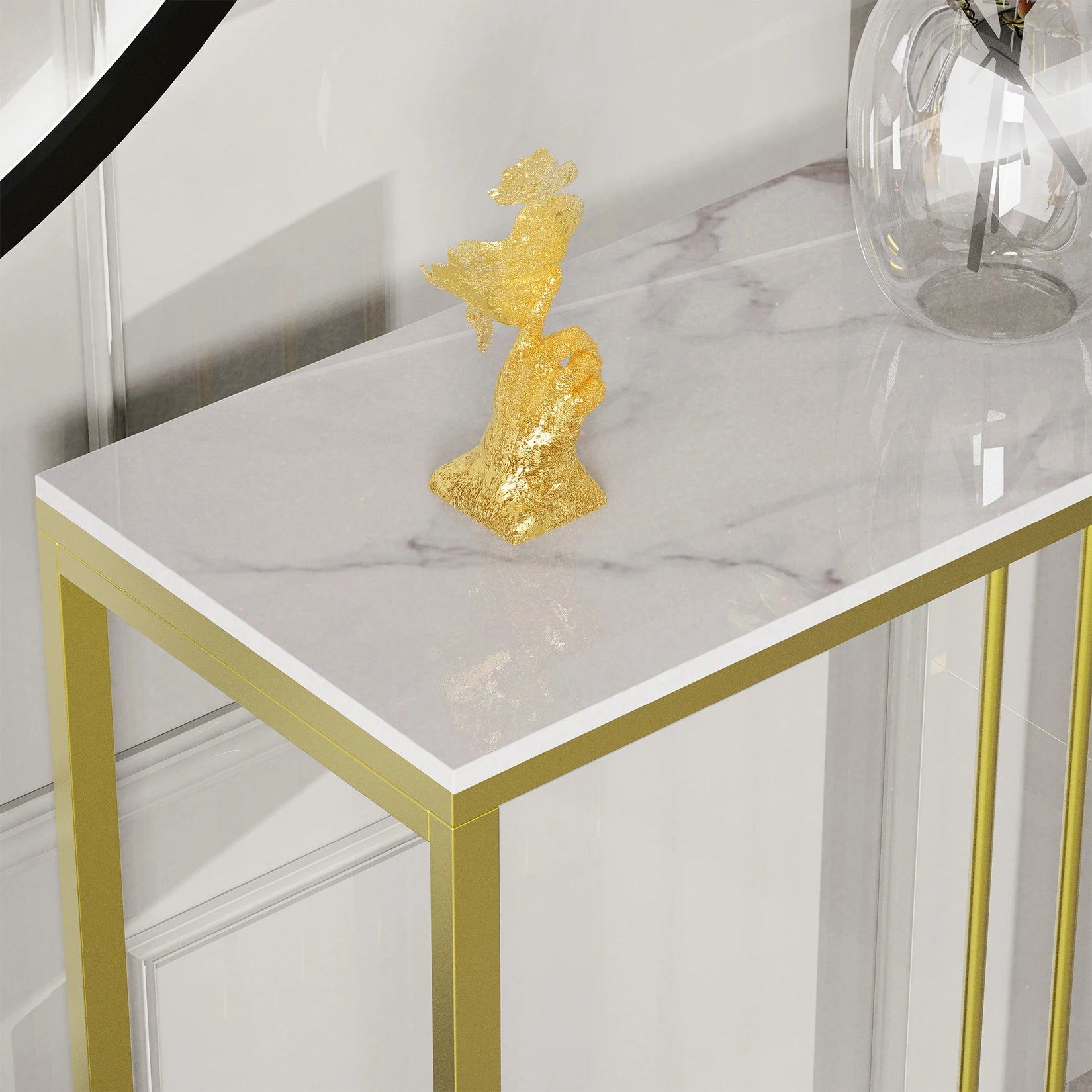 Moderne Marmeren Sidetable met Goud Frame – Smalle Console Tafel voor Hal, Entree en Woonkamer