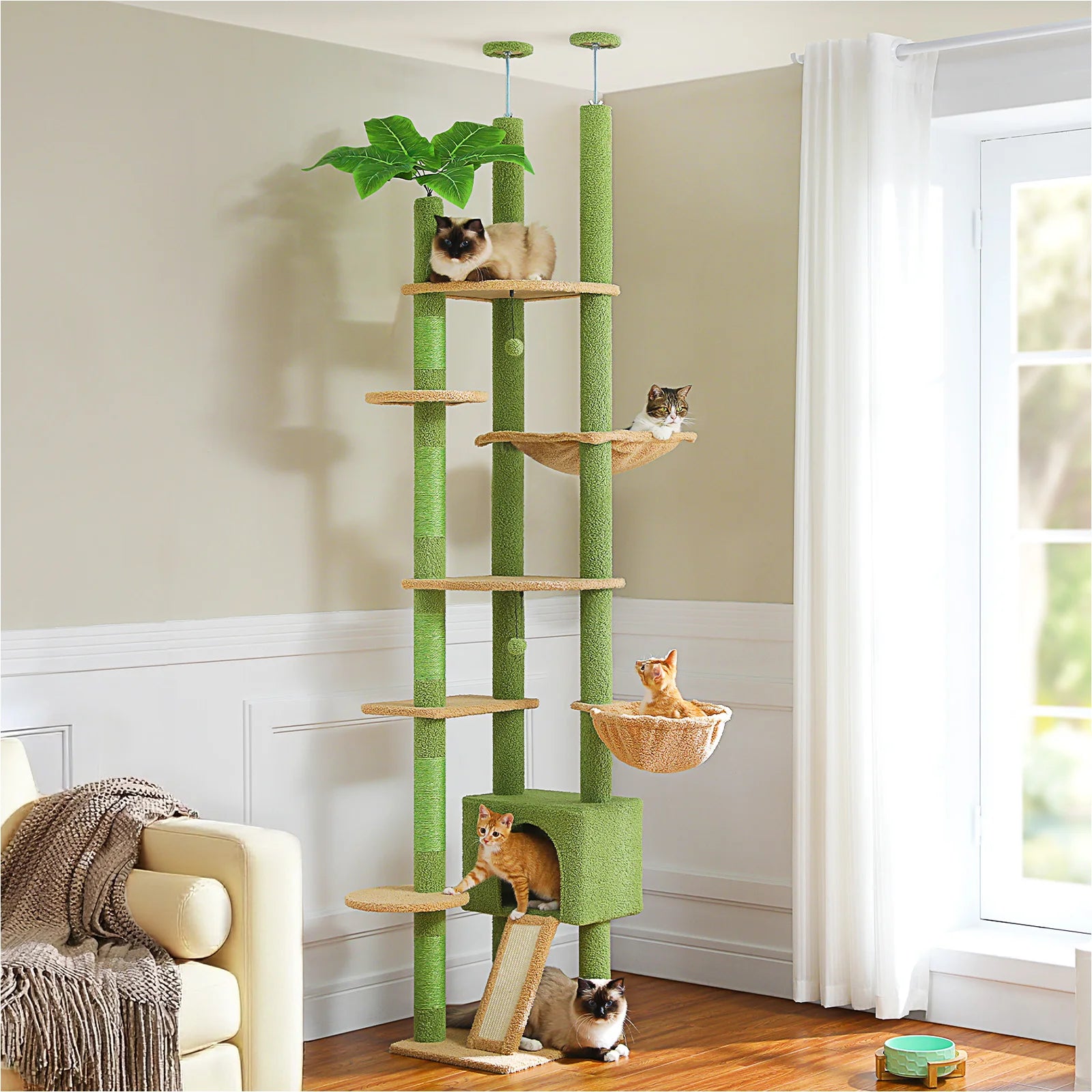 Verstelbare Houten Krabpaal tot Plafond met Hangmat en Kattenhuis – Grote Kattenboom met Sisal Krabpalen en 7 Niveaus – Luxe Katten Klimtoren voor Binnen