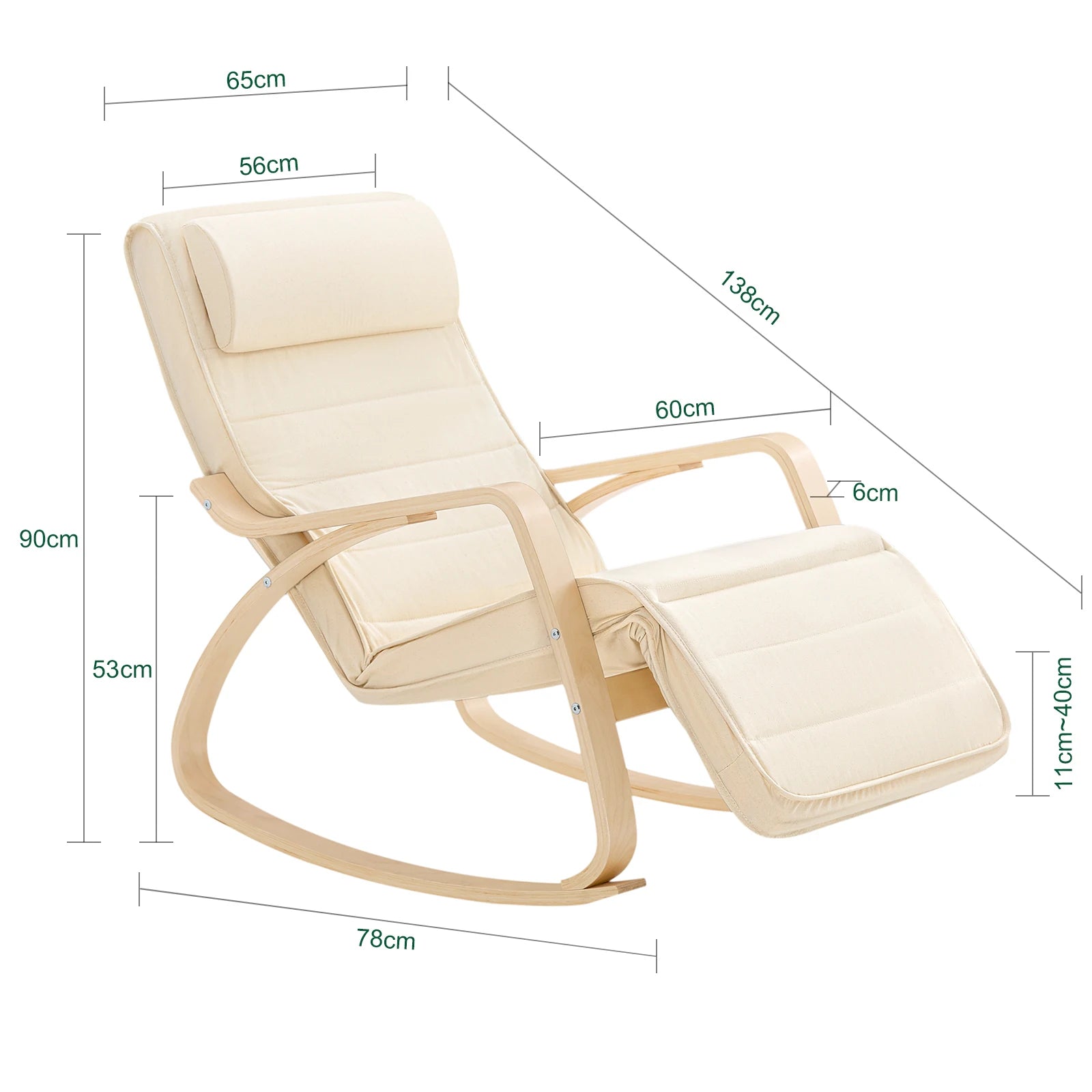 Schommelstoel met Voetensteun Berkenhout – Verstelbare Relaxstoel Beige 150 kg