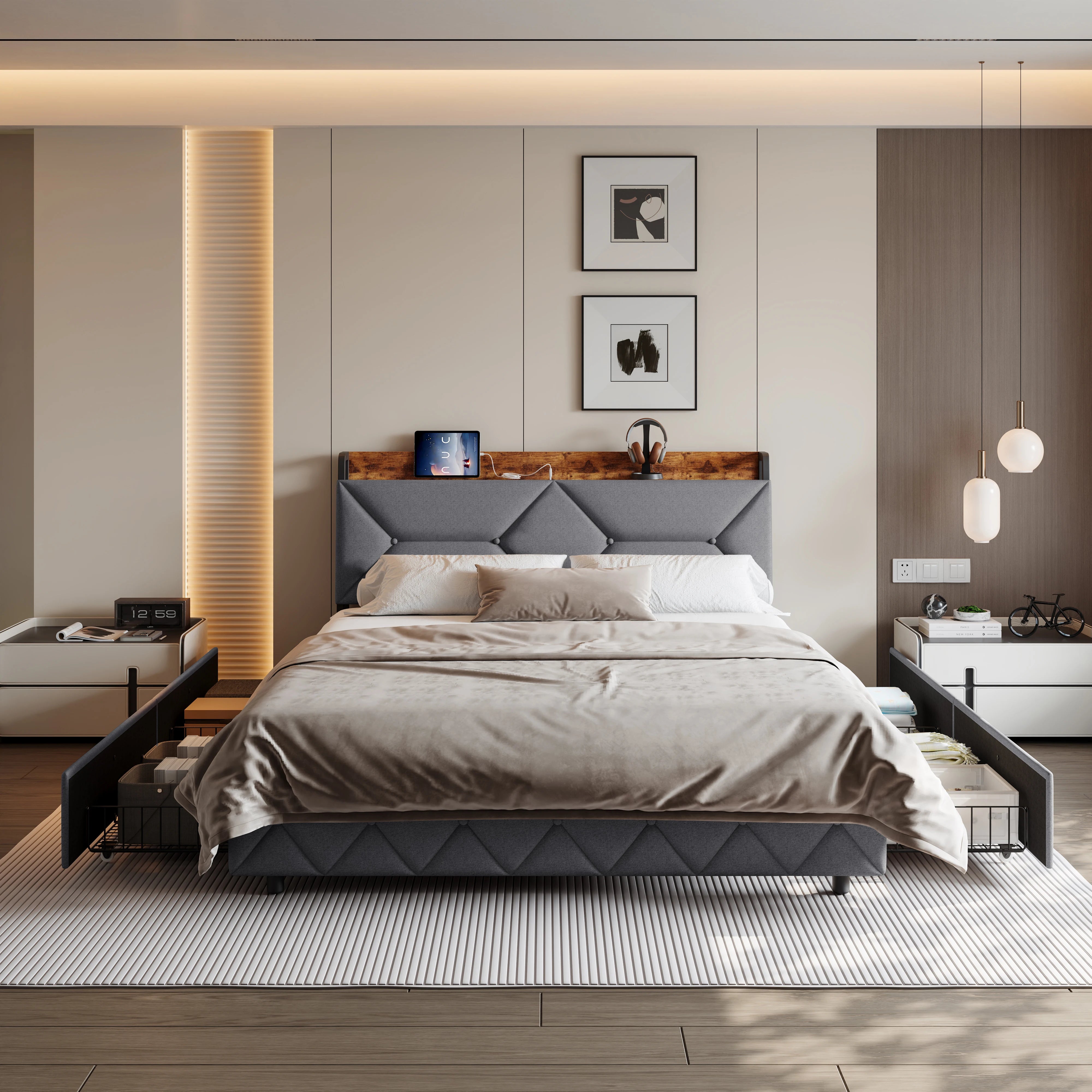 Gestoffeerd tweepersoonsbed met LED‑verlichting, USB‑oplaadfunctie en 4 lades – ideaal voor moderne slaapkamers