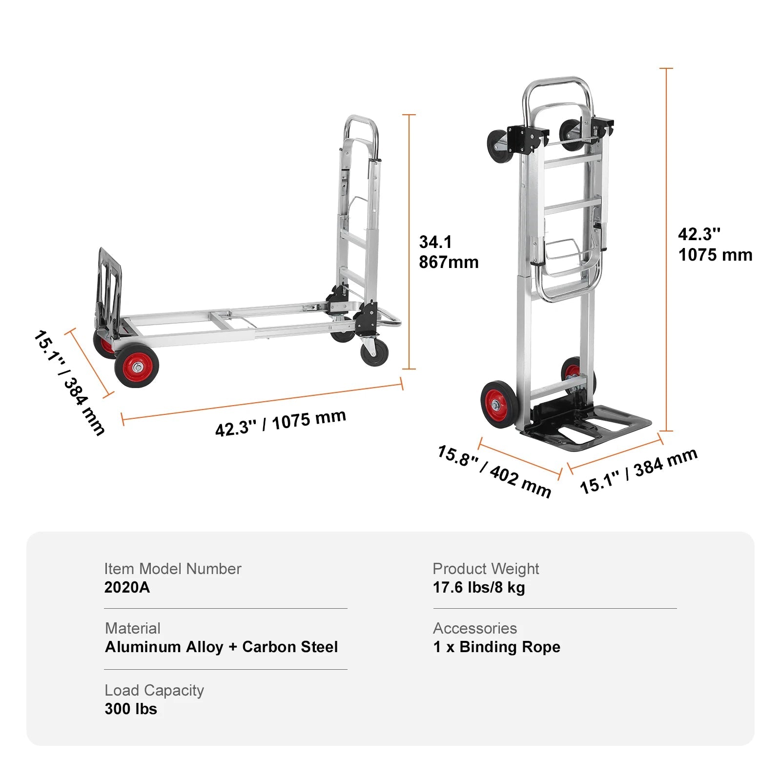 Opvouwbare Handwagen – Lichtgewicht Transportkar 400 lbs / 181 kg Draagvermogen – Stevige Dolly voor Bagage, Dozen en Magazijnartikelen