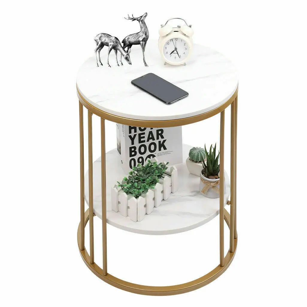 2-Laags Ronde Bijzettafel met Marmerlook – Moderne Salontafel & Nachtkastje met Opbergruimte – Wit Design