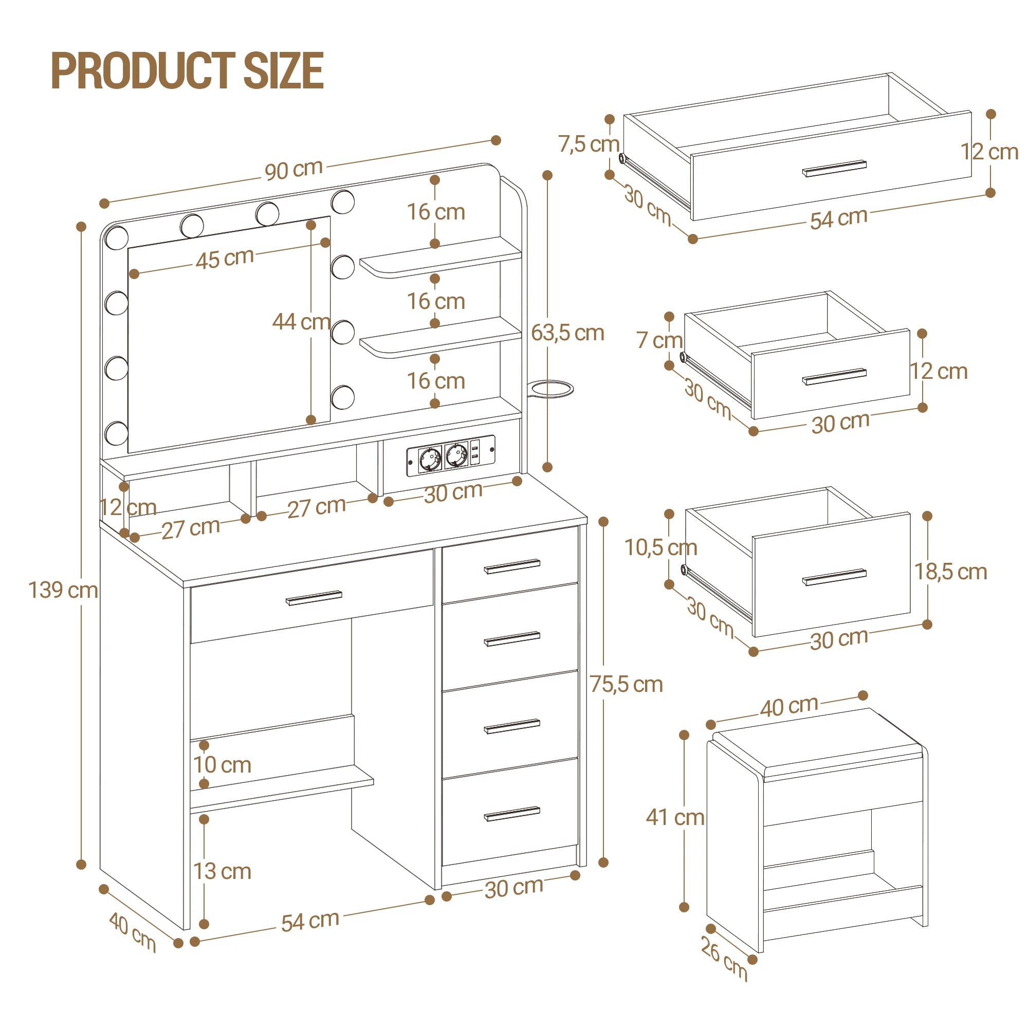 Kaptafel met LED Verlichting en Spiegel – 3 Lichtkleuren, 5 Laden, Stopcontact & USB – Inclusief Kruk – Wit Modern Design