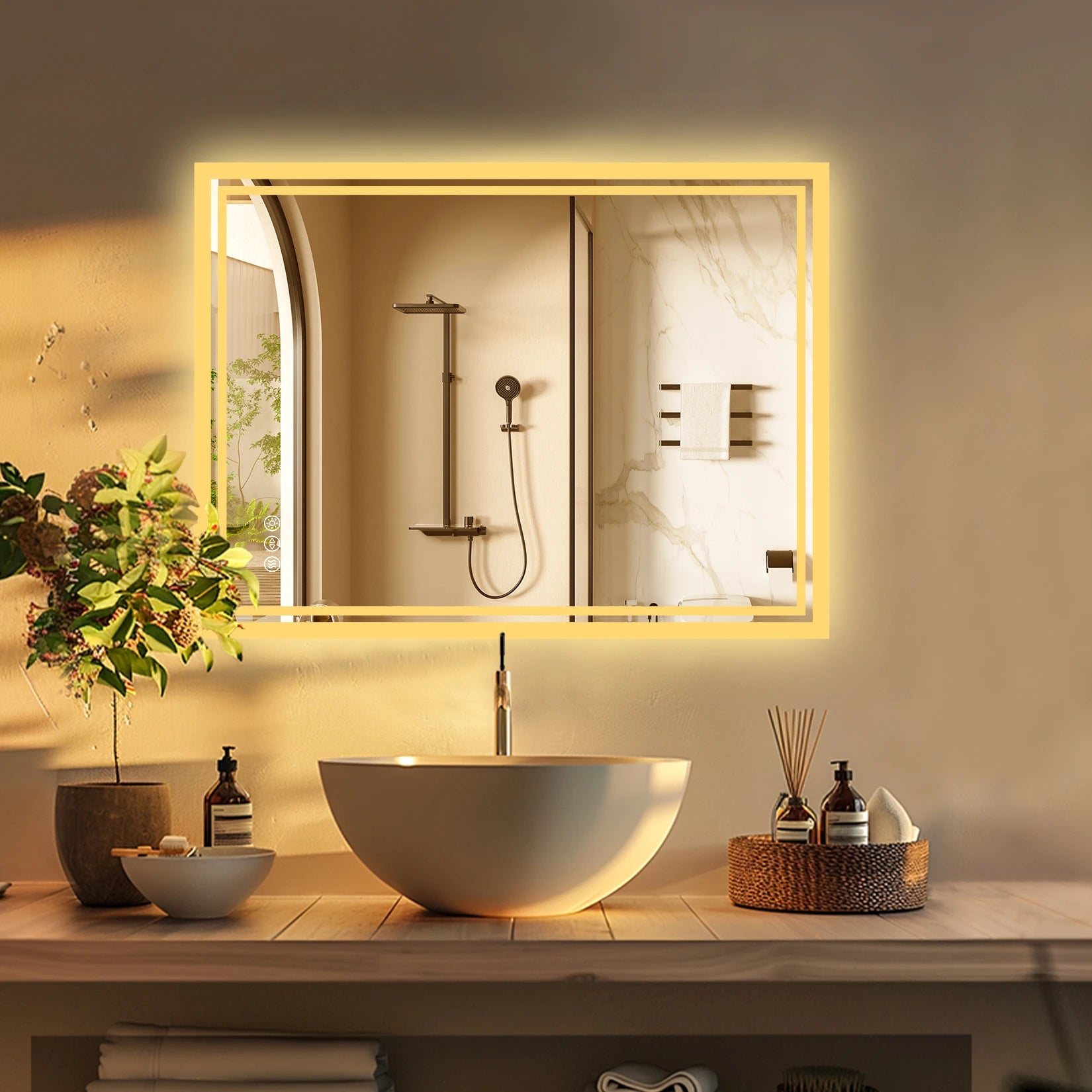 LED Badkamerspiegel met Verlichting – Dimbaar, Anti-Condens, Touch Bediening, IP65 Waterbestendig, Warm & Koel Licht