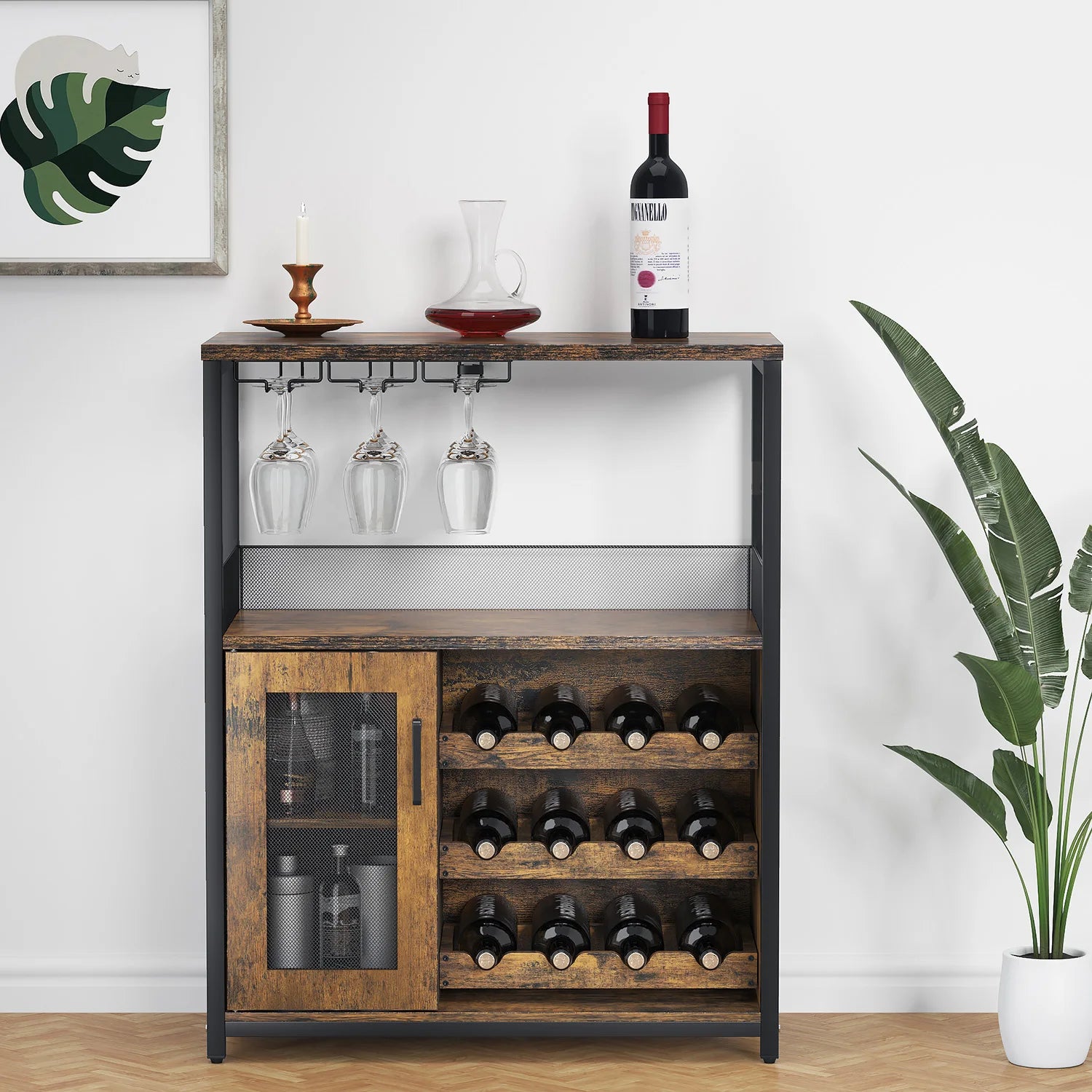 Industriële 3-Laags Wijnkast met Wijnrek en Glashouder – Luxe Wijnbar Kast voor Thuis