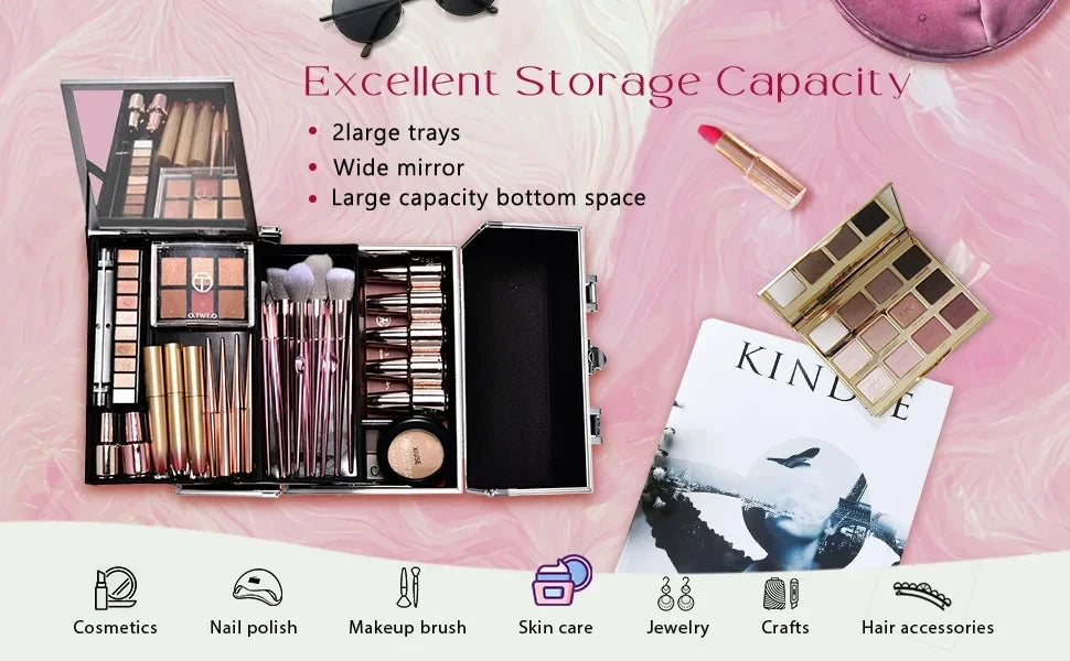 Draagbare Make-up Koffer met Lade, Spiegel en Slot – Make-up Organizer Reiskoffer voor Cosmetica