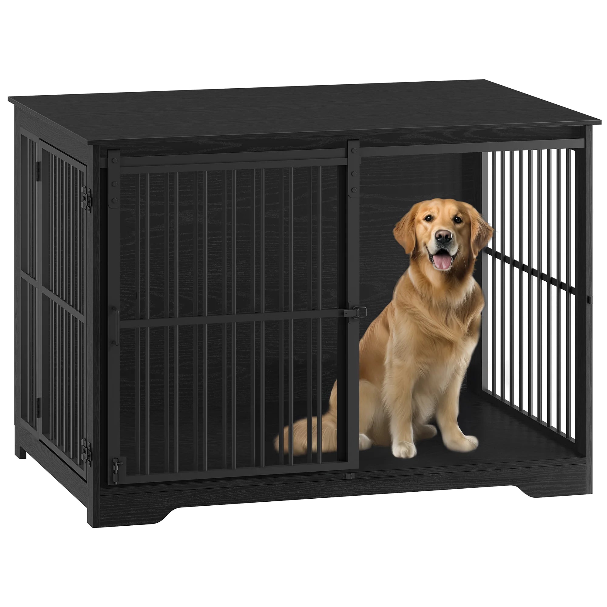Houten Hondenbench Meubel XL met Schuifdeur – Design Hondenkooi voor Grote Honden – Industrieel Bijzettafel & Bench in Één