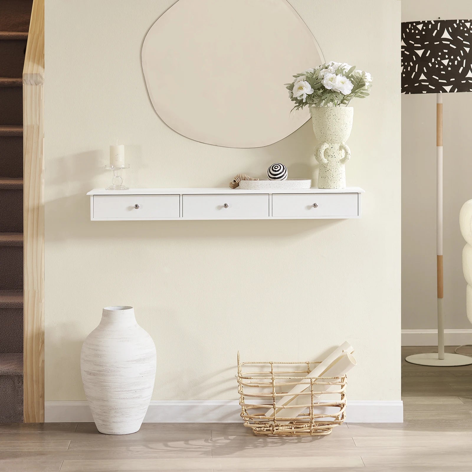 Smalle wandkast met 3 lades – Wandmeubel opbergruimte voor hal, badkamer & woonkamer