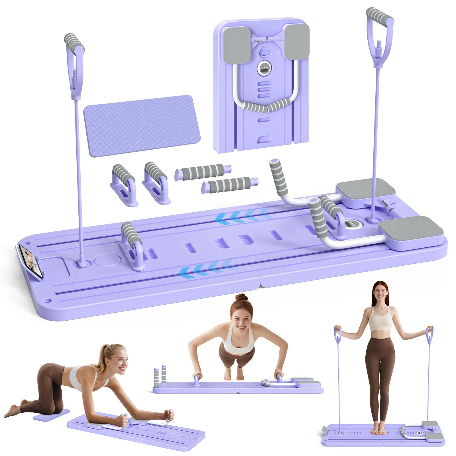 Multifunctioneel Fitnessbord met Weerstandsbanden – Core Trainer & Pilates Board voor Thuis Workout – Opvouwbaar met Timer en Kniebescherming