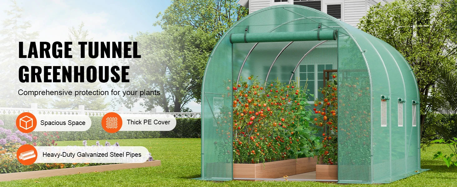 Wandelbare Tunnelkas met Stalen Frame 345×195×192 cm – Grote Inloop Tuinkas met PE Afdekking, Ritsdeur en Ventilatieramen