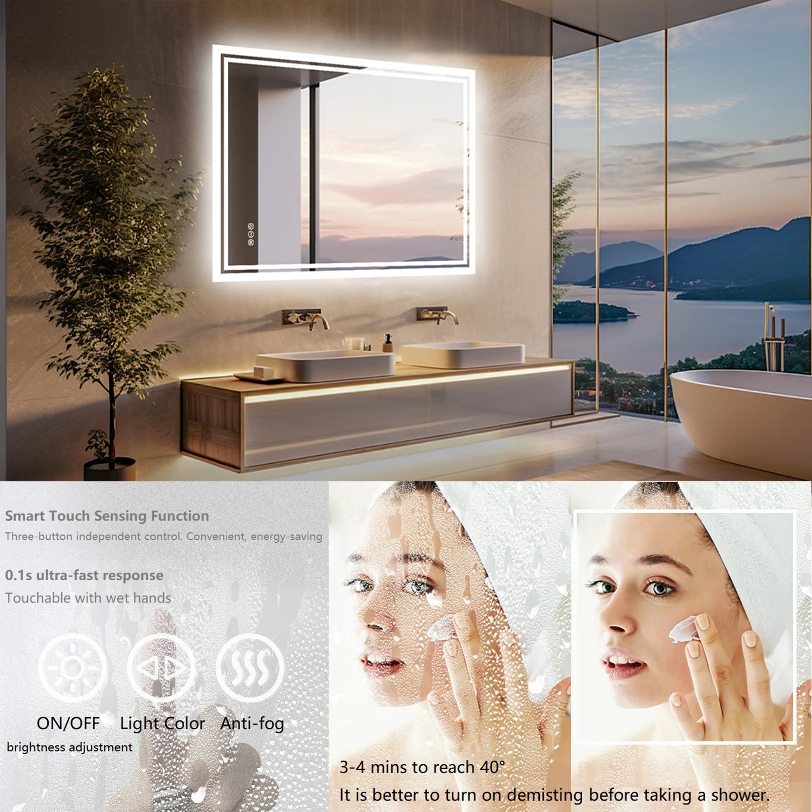 LED Badkamerspiegel met Verlichting – Dimbaar, Anti-Condens, Touch Bediening, IP65 Waterbestendig, Warm & Koel Licht