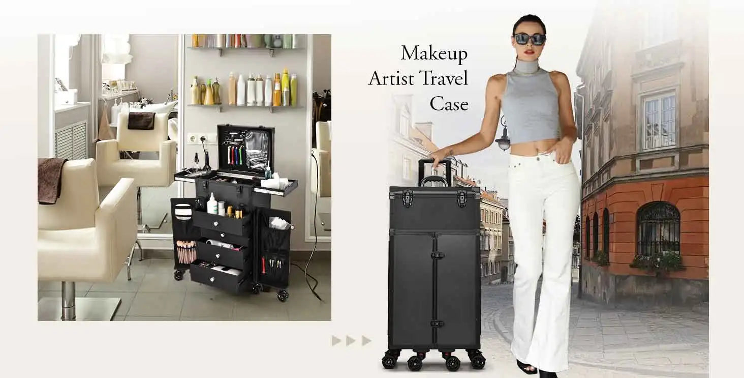 Professionele Make-up Koffer 4 Lades – Reiskoffer voor Cosmetica en Haarstyling – Trolley met Organizers en Waterdichte Behuizing