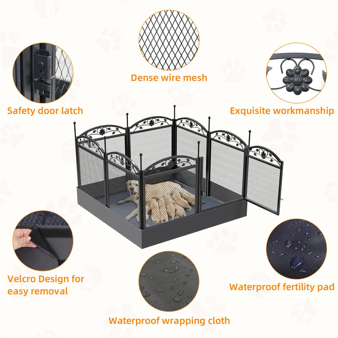 8-Delige Hondenren voor Puppy’s – Zware Metalen Puppyren met Deur & Waterdichte Mat – Opvouwbaar Hondenhek voor Binnen en Buiten