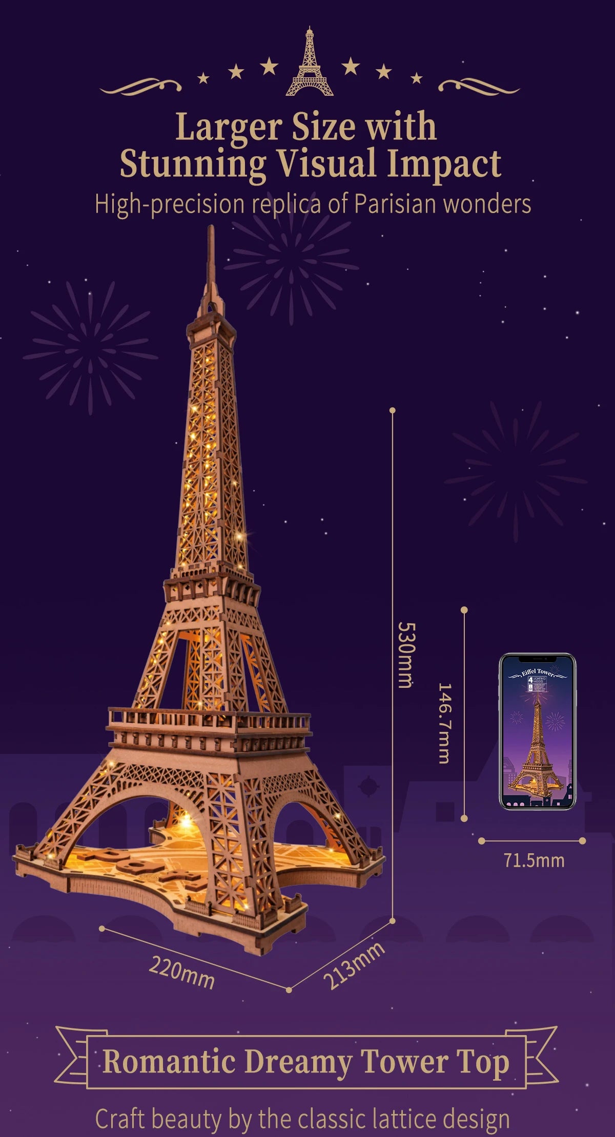 3D Houten Puzzel Eiffeltoren met LED Licht – DIY Modelbouw Kit voor Volwassenen en Kinderen – Creatief Knutselpakket 22x21x49 cm