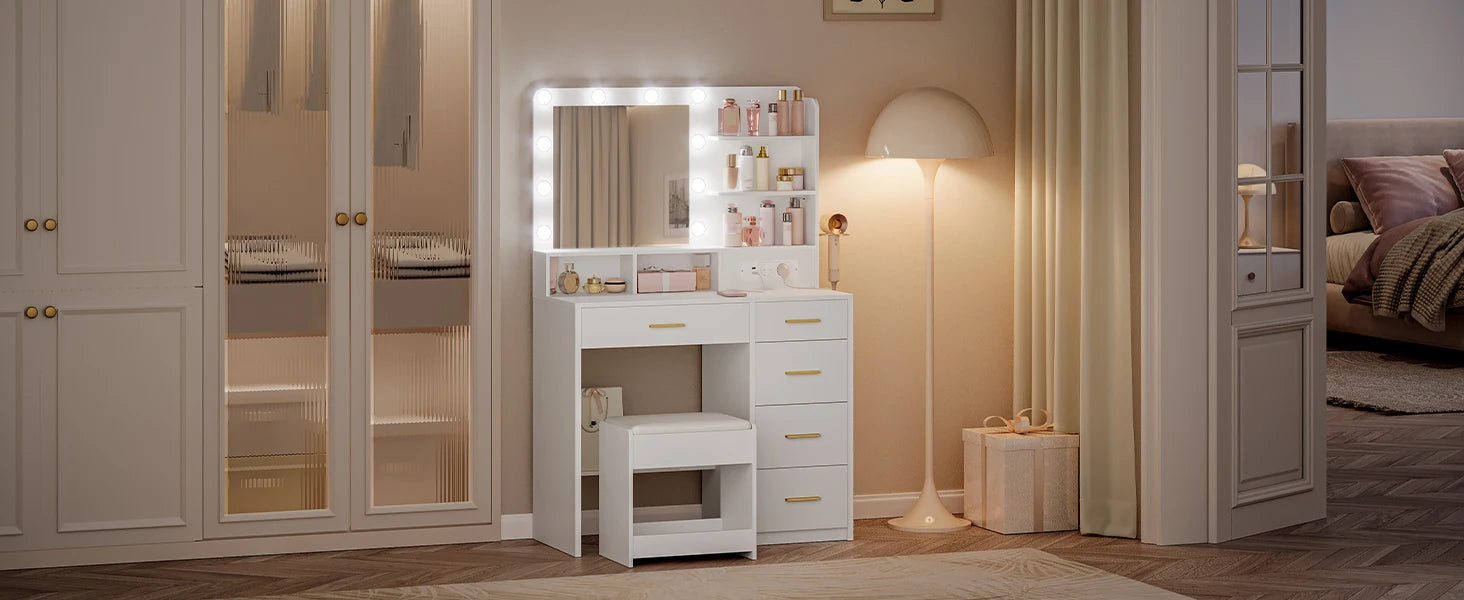Kaptafel met LED Verlichting en Spiegel – 3 Lichtkleuren, 5 Laden, Stopcontact & USB – Inclusief Kruk – Wit Modern Design