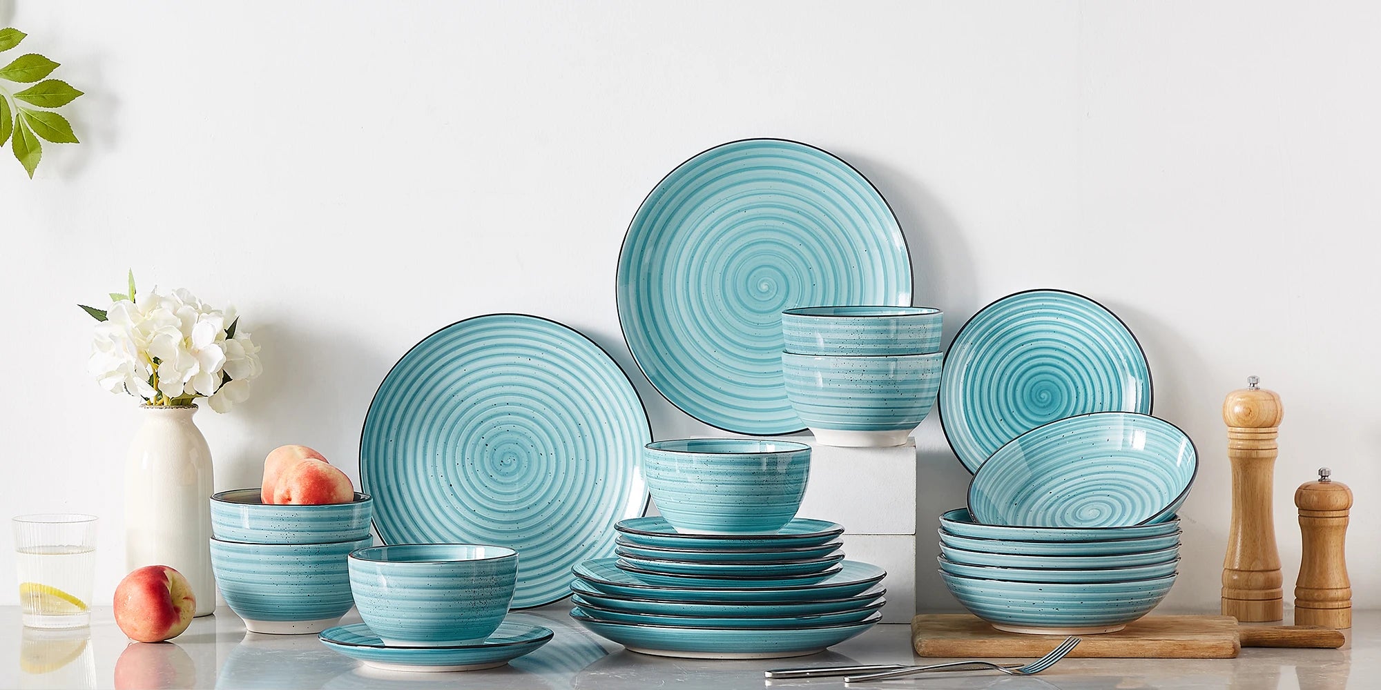 Serviesset 24-delig Blauw – Handgeschilderd Keramiek Servies met Spiralen voor 6 Personen