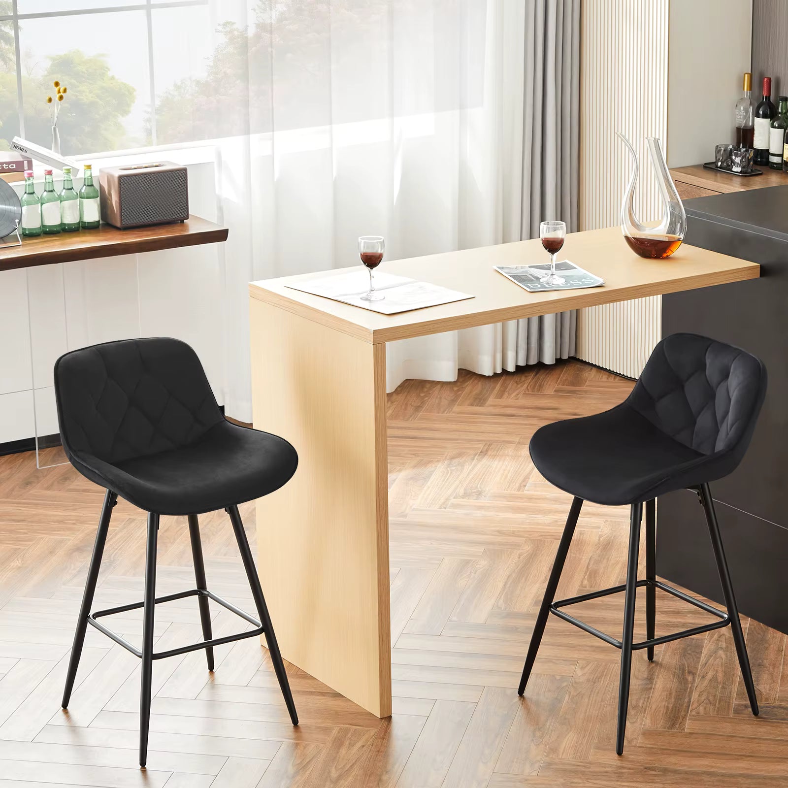 Set van 2 Fluwelen Barkrukken – Zwarte Gestoffeerde Barstoelen met Rugleuning