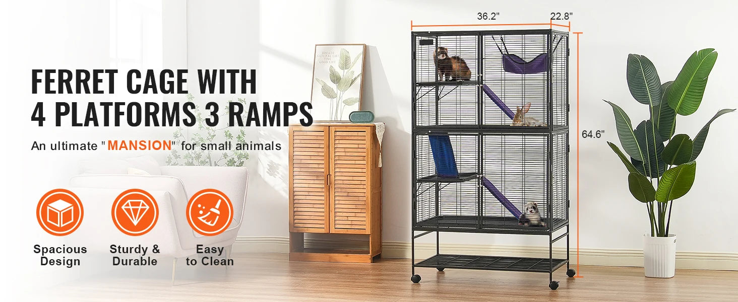 Grote Frettenkooi 164 cm met 4 Lagen – Metalen Dierenkooi met Platforms, Hangmat & Wielen – Voor Fretten, Chinchilla’s & Cavia’s