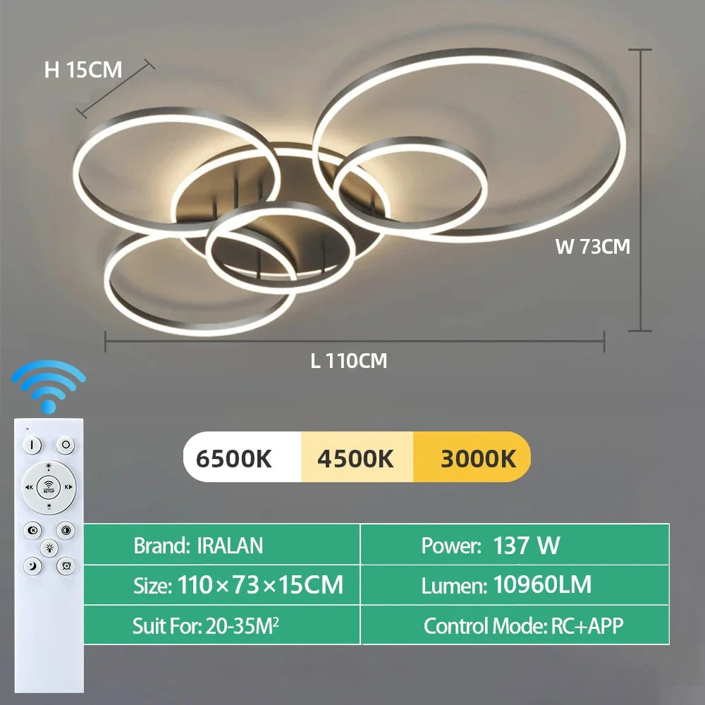 Moderne LED Plafondlamp met Ringen – Dimbare Smart Hanglamp met Afstandsbediening & App – Luxe Design voor Woonkamer & Slaapkamer