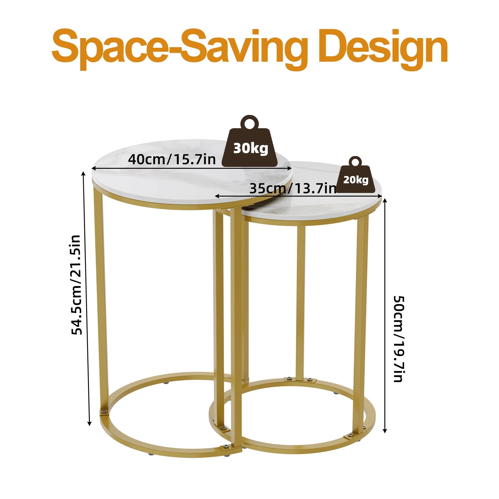 Set van 2 Ronde Bijzettafels – Gesinterd Steen & Gouden Metaal – Moderne Nesting Tafels Wit