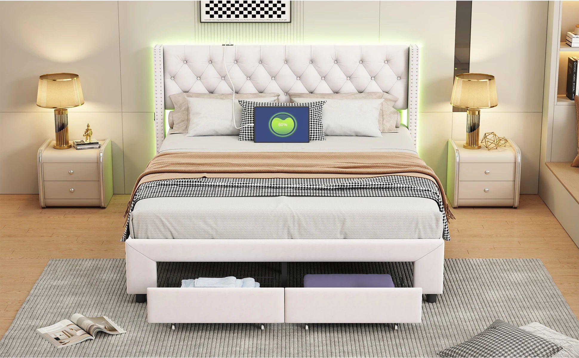 Fluwelen tweepersoonsbed met LED-verlichting, USB-poort en opberglades