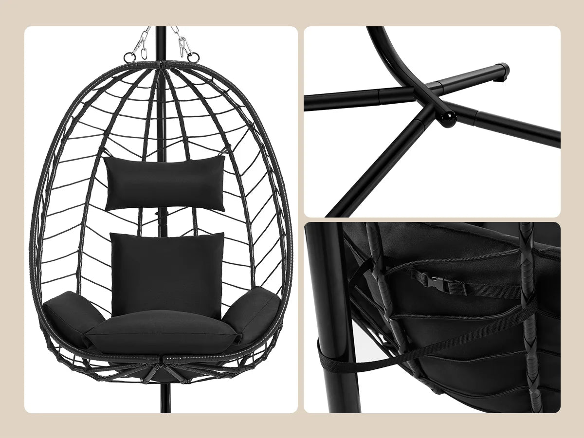Egg Chair Hangstoel met Standaard – Schommelstoel voor Tuin, Balkon & Woonkamer – Inclusief Kussen en Hoofdsteun – Belastbaar tot 150 kg