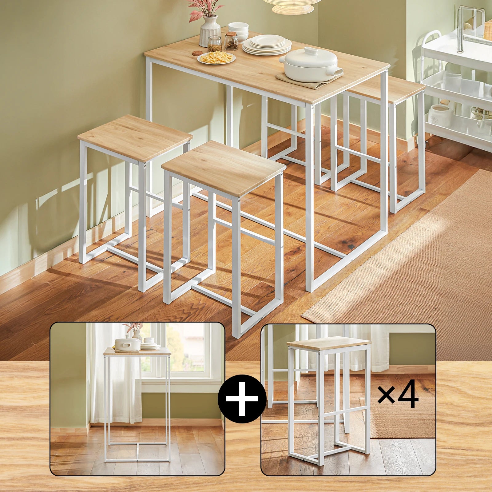 Eettafel met 4 barkrukken set – ruimtebesparende hoge keukentafel met stoelen voor kleine ruimtes