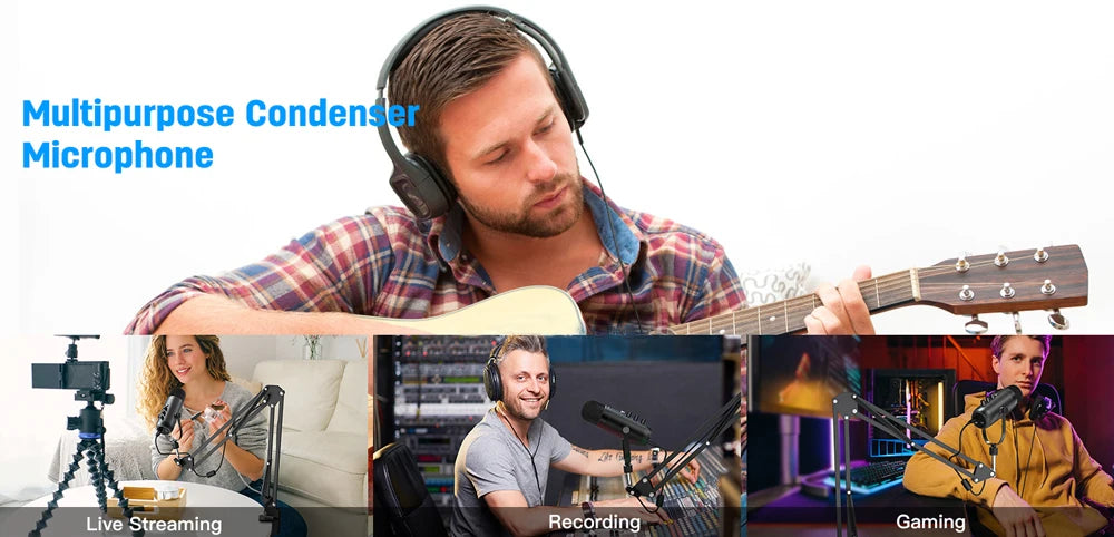 USB condensator microfoon set met boom arm – Cardioïde studio microfoon voor podcast, streaming en gaming