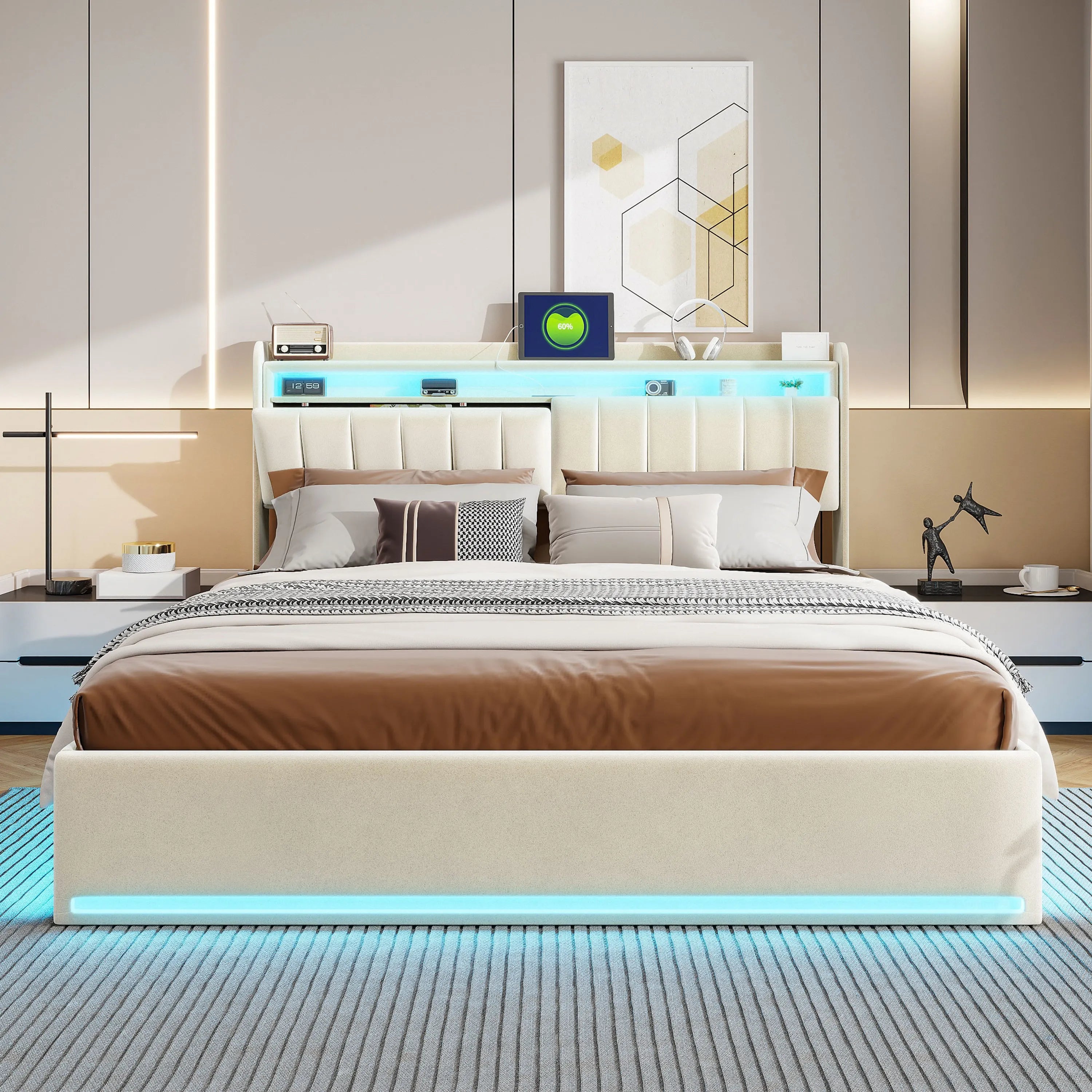Tweepersoonsbed met geïntegreerde LED‑verlichting, USB‑oplaadfuncties en opbergruimte – Modern en functioneel bedframe