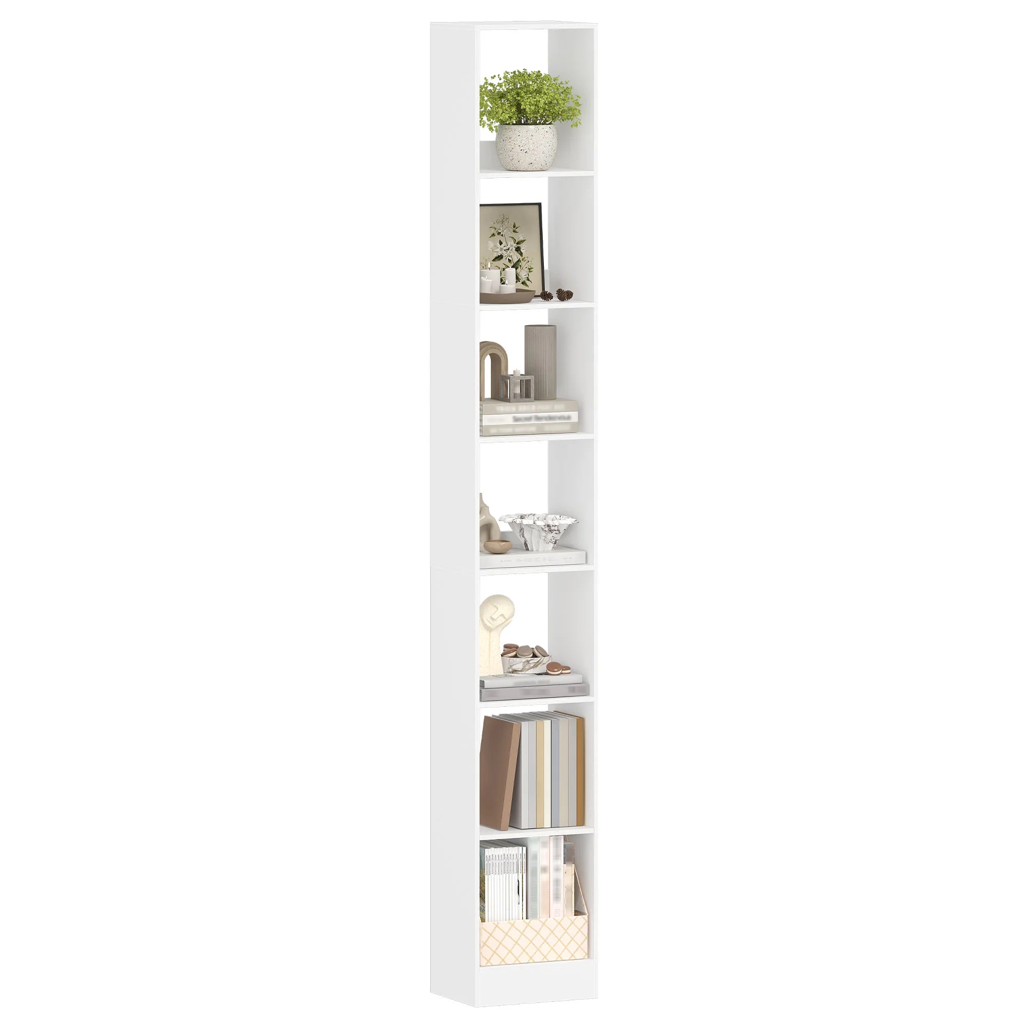 7-Laagse Boekenkast Smal – Moderne Open Kast met Verstelbare Planken – Houten Opbergkast voor Woonkamer, Slaapkamer en Kantoor