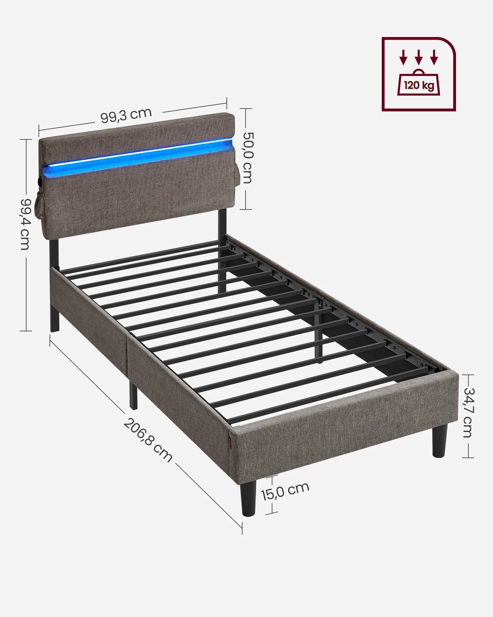 Gestoffeerd Bed met LED Verlichting – USB & Type-C Oplaadpoort, Modern Design met Opbergruimte