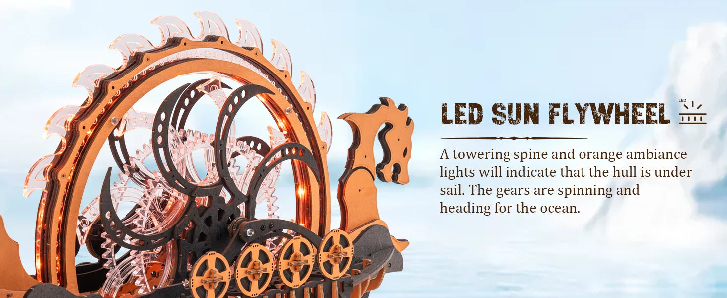 3D Houten Vikingschip Puzzel – Bewegend Model met LED Verlichting – Educatief Houten Speelgoed voor Kinderen en Volwassenen