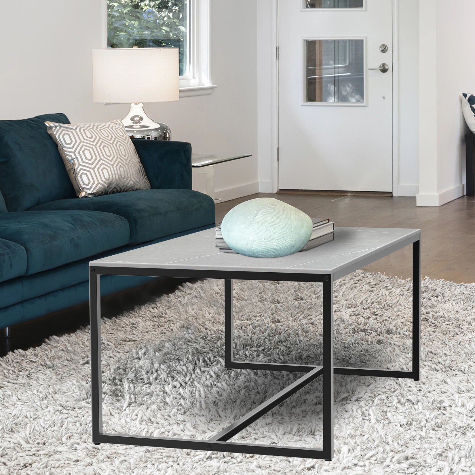 Moderne Salontafel Marmer Look met Metalen Frame – Luxe Rechthoekige Koffietafel met Opbergruimte – Industrieel & Modern Design